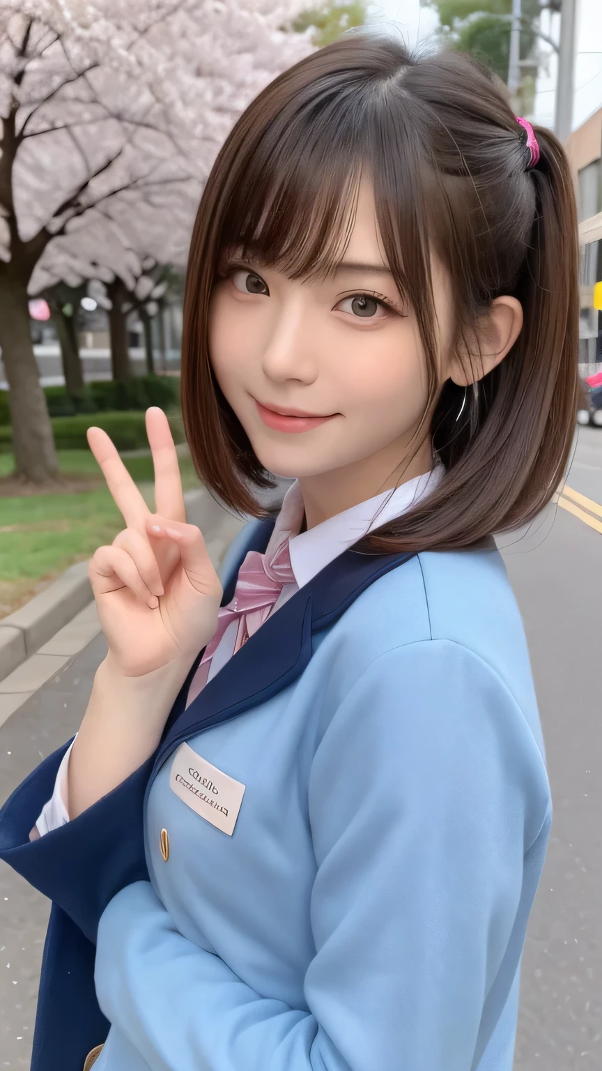 one girl, (a beauty girl, delicate girl:1.3), (14 years old:1.3),
break, (spring, cute uniform:1.3),
break, (Street view:1.3), (cherry blossoms fall:1.3), (wool gloves), perfectly trimmed fingers,
break, very fine resolution, (symmetrical eyes:1.3),
break, small breasts, brown eyes, parted bangs, brown hair,  girl,
break, (Eye and face details:1.0), (get closer to the face, enlarge the face, face focus:1.0),close up of face,
break, (masterpiece, highest quality, Super detailed, detailed face, 8K),SakuraFubuki,cherry blossom petals,smile,random pose、blue eyes、white gloves,ponytail、SakuraFubuki、gloves、break,dynamic pose,smile、horizontal peace sign in front of face、beautiful hands、correct movement