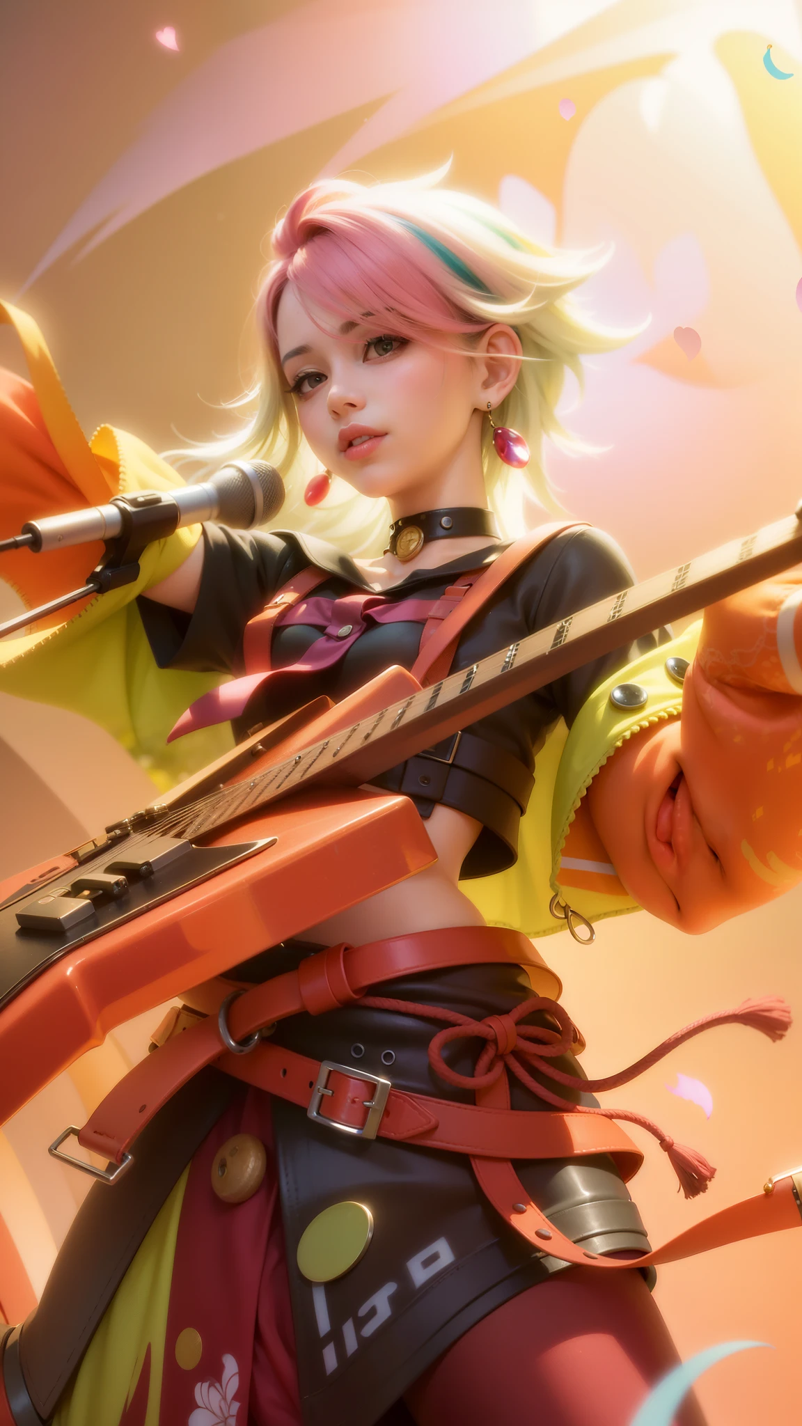 (8k, RAW photo, photorealistic:1.25) , red lips, best quality, ultra highres, depth of field, chromatic aberration, caustics, Broad lighting, natural shading, ultra detailed texture, hyper realistic, detailed texture, detailed face, detailed skin, detailed hair, real hair, detail eyes, cinematic background, a close up of a girl with pink and white hair, guitar and a colorful outfit, ig model | artgerm, extremely detailed artgerm, style artgerm, kda, rossdraws cartoon vibrant, 8k artgerm bokeh, artgerm lau, style of artgerm, ! dream artgerm, artwork in the style of guweiz, smile happy, earrings in ears