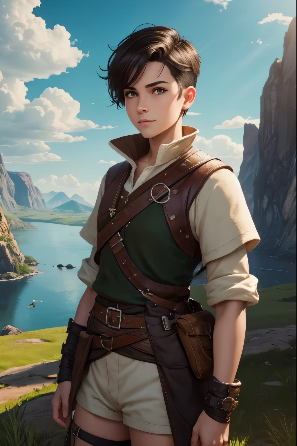 A happy young woman with an undercut in a fantasy setting. An adventurer and ranger. Very androgynous looking. In a good mood. Sympathic. Tomboyish. Androgynous. Slim body. Very . Very small breasts. Wide hips. Thick legs. Face: Extremly pale skin with liverspots and freckles. Soft narrow face with a round chin. Soft small jaw. Big forehead. Very thin barely visible eyebrows. Upturned big dark-brown eyes. Dark-brown eyecolour. Very long and wide nose. Big curved lips. Very short dark-brown hair. A boyish short haircut. Undercut. Sides shaved. A tight fantasy outfit of a lonley ranger and adventuerer. Background: Wide colourful plains. Green grass. A big lake. Shiny blue sky. Wonderful weather. Sense of wideness and freedom.
