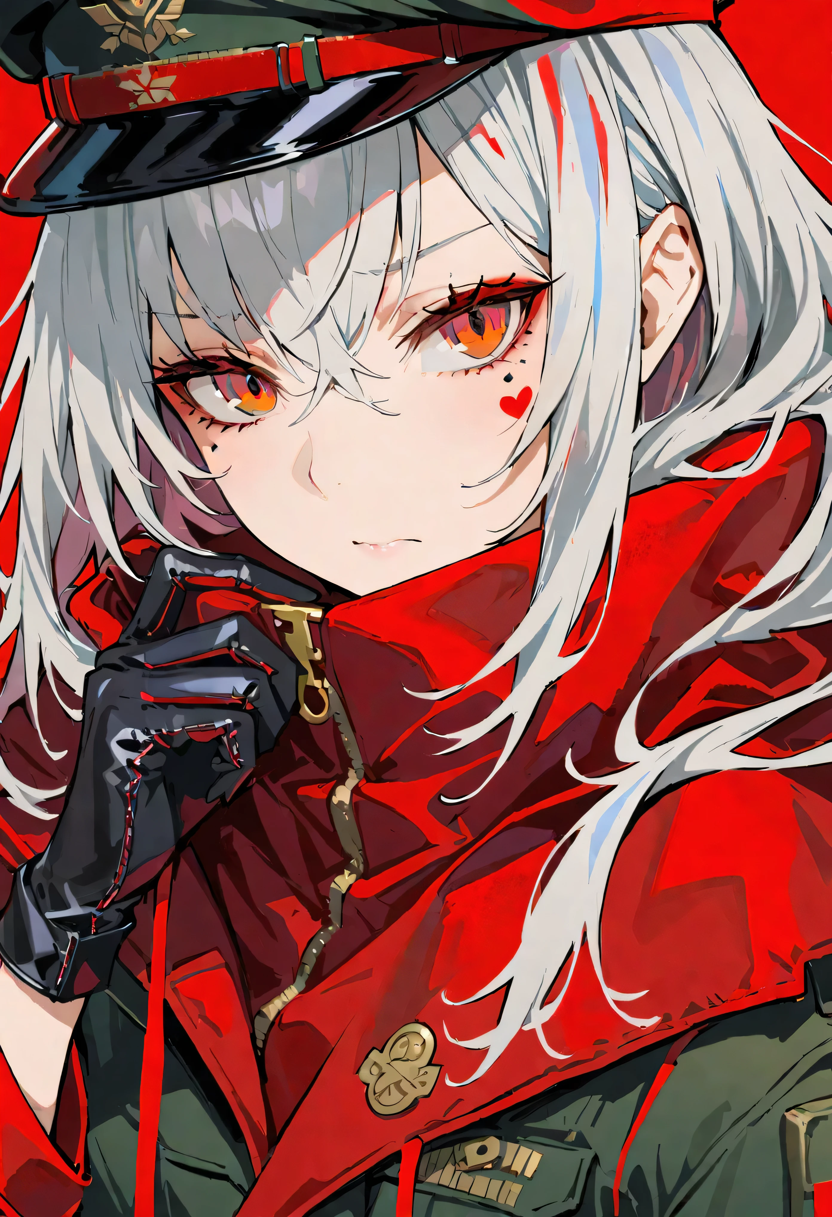 army, No expression, coat, Cold-hearted, uniform, cool, silver hair, gloves, red eye, hat,((masterpiece)),4k,very detailed,