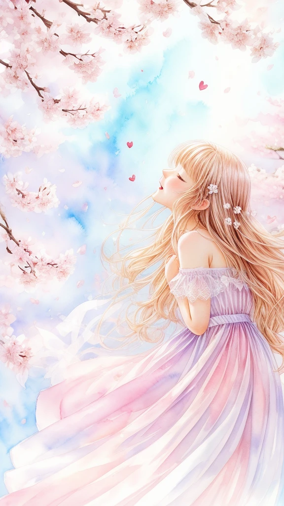 angel&#39;s blessing､bright background、heart mark、kindness､laughter、kind､Beautiful Angel、watercolor painting、cherry blossoms、shine、cherry blossoms木の下で遊ぶ、hope、transparency、transparent、Wind、like、Light