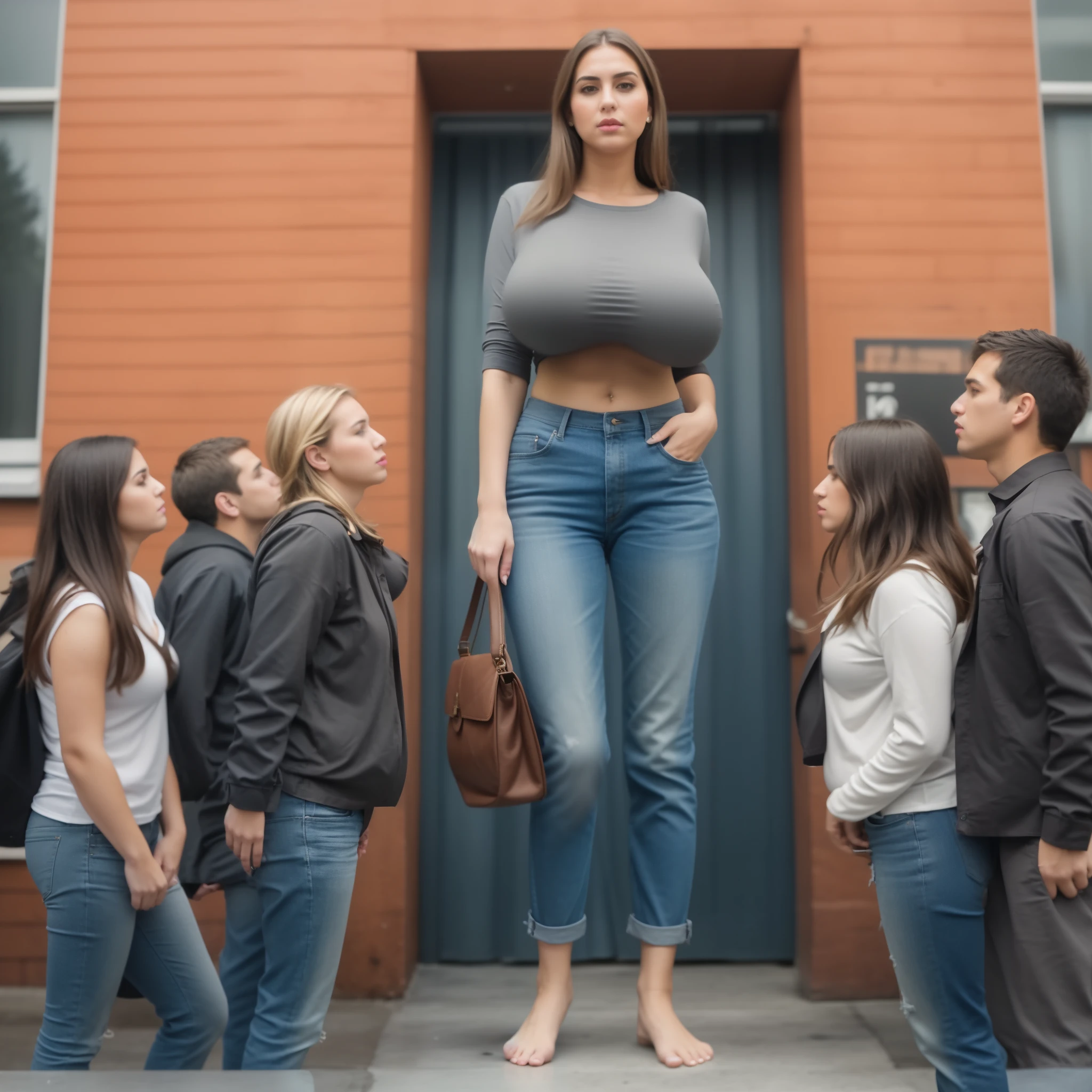 plain scoop-neck shirt, (big giant enormous oversized massive huge colossal breasts:1.5), (gigantic sagging breasts:1.5), symmetric breasts, very long hair, boys and girls staring