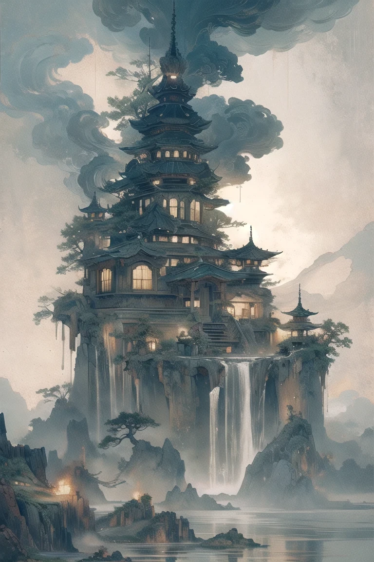 Create a post-apocalyptic scenario where water floods the earth, few trees,Lots of buildings and buildings. Add high-resolution details,such as abandoned buildings, structural cracks, Electrical installation failure, and poor lighting. The scene should have a mysterious and dark tone, Elements with water and ruins, High resolution, Super detailed, Added ships to use as cities, ship city, 8K, many qualities