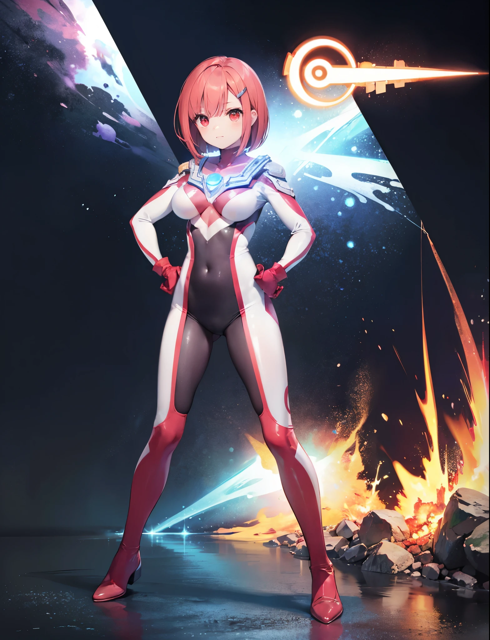 realistic,highest quality, ultra detail, High quality CG drawing, The most delicate and beautiful, Floating gently, High resolution, (1 girl), (Highest image quality,4K,8K,masterpiece:1.2),(red hair:1.5), (short bob:1.5),(wavy hair:1.4),,(red eyes:1.5), (ultra girl:1.0), (red ultraman bodysuit:1.4),(slightly bigger breasts:1.5),Upper body,(clenched fist:1.2),(put both hands on hips:1.2), red gloves,red shoes, Turn your back to your audience:1.3),butt