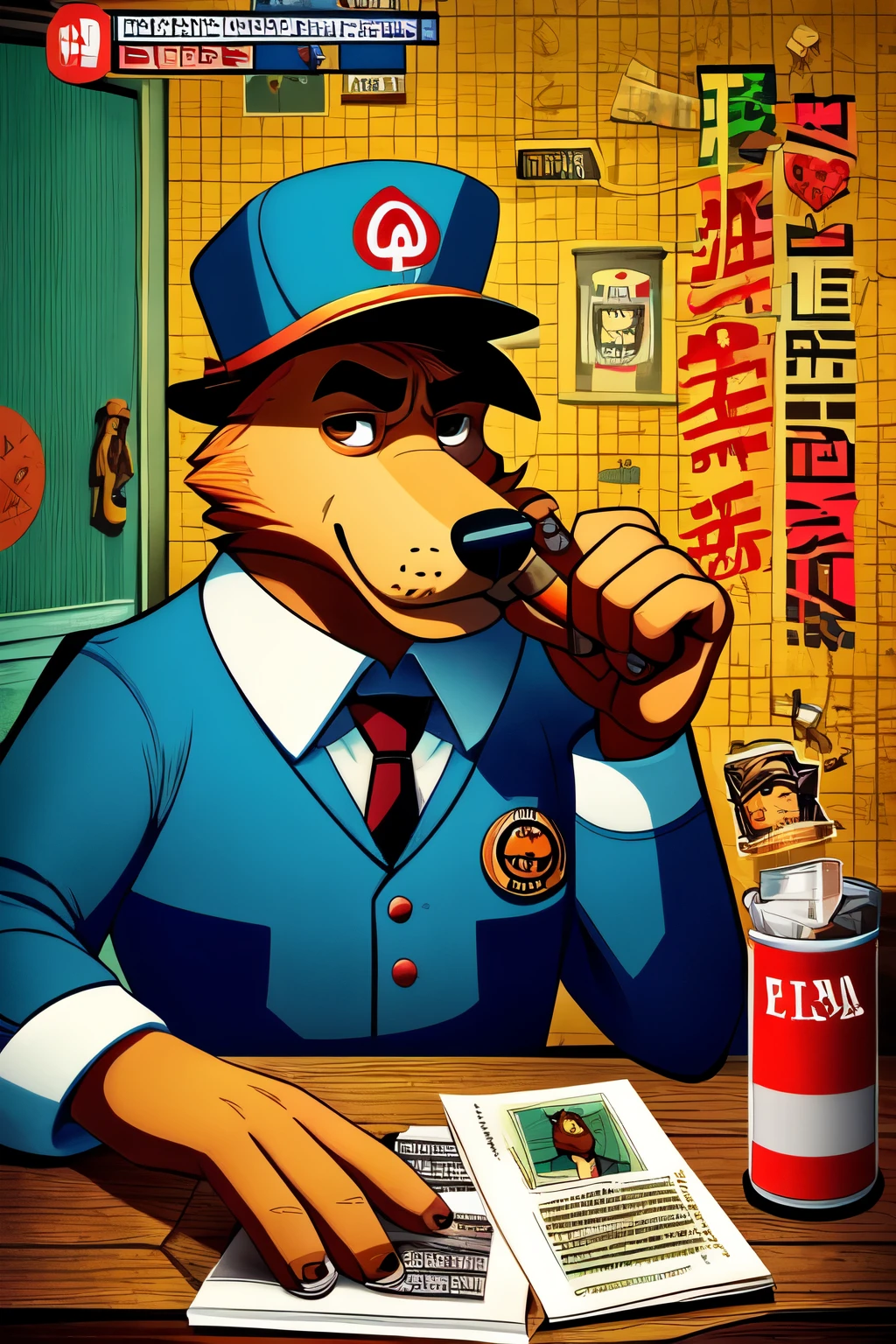 Crea un logo donde el personaje sea un perro detective y tenga un cigarro en la boca y que tenga apariencia de detective retro sentado en un escritorio con muchos papeles (Que en las letras diga el dia que...)
