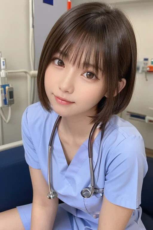 one girl, (beautiful girl, delicate girl:1.3), (************:1.3),
break, (nurse costume:1.3),
break, (Sitting in a hospital bed:1.2),
break, very fine eyes, (symmetrical eyes:1.3),
break, small breasts, brown eyes, parted bangs, brown hair, (upper teeth, best smile:0.2),
break, (Eye and face details:1.0),
break, (masterpiece, highest quality, super detailed, detailed face, 8K)