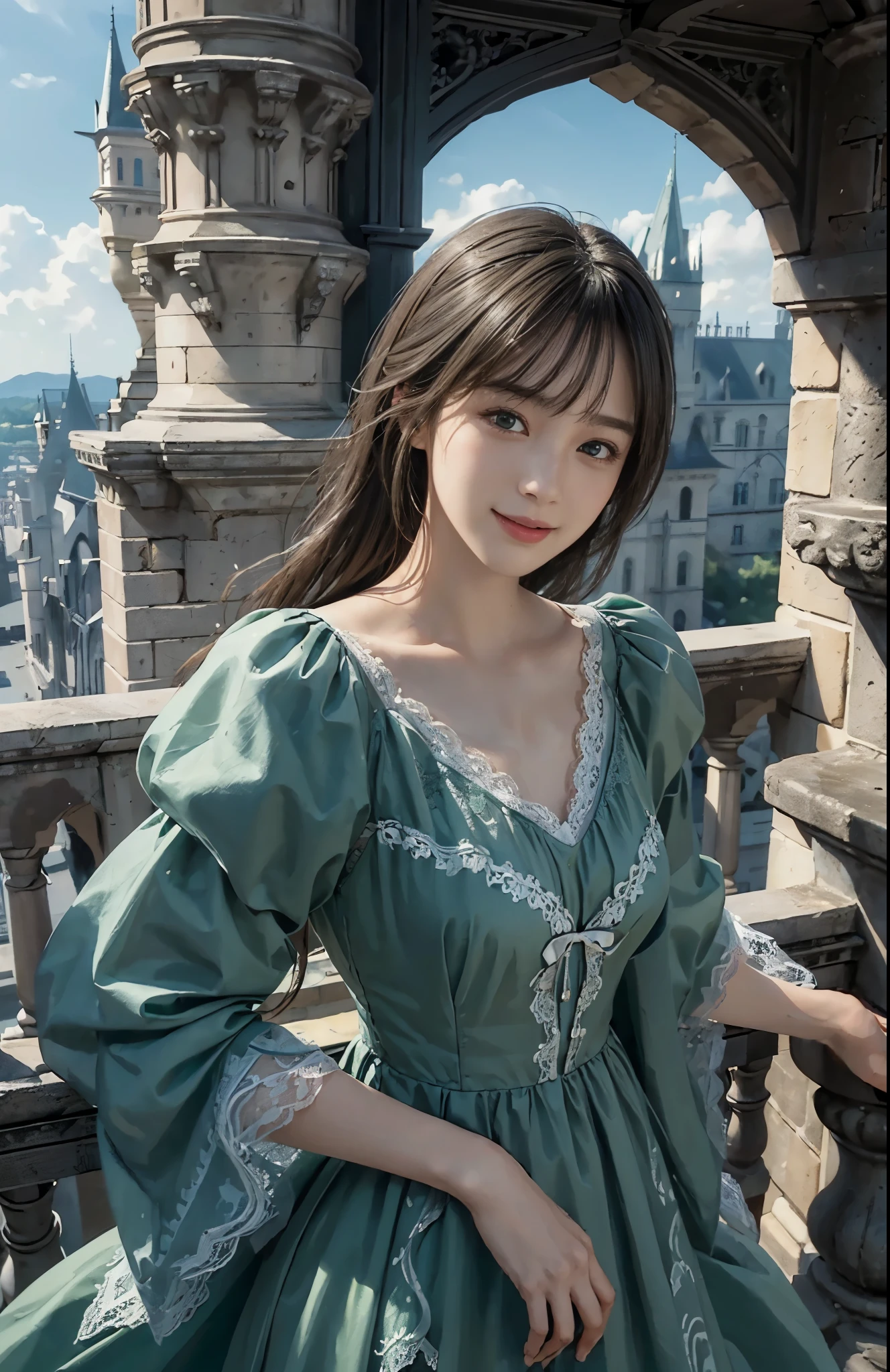 (ultra-realistic realism)、(illustratio)、(A high resolution)、(8K)、(Best Illustration)、(Beautifully detailed eyes)、(top-quality)、(ultra - detailed)、(masterpiece)、(the wallpaper)、(A detailed face)、solo、looking at viewert、A detailed face、pureerosfaceace_V1、A smile、 long hair、46-point diagonal bangs、((Green lace dress))、((Beautiful woman standing on the balcony of the castle))