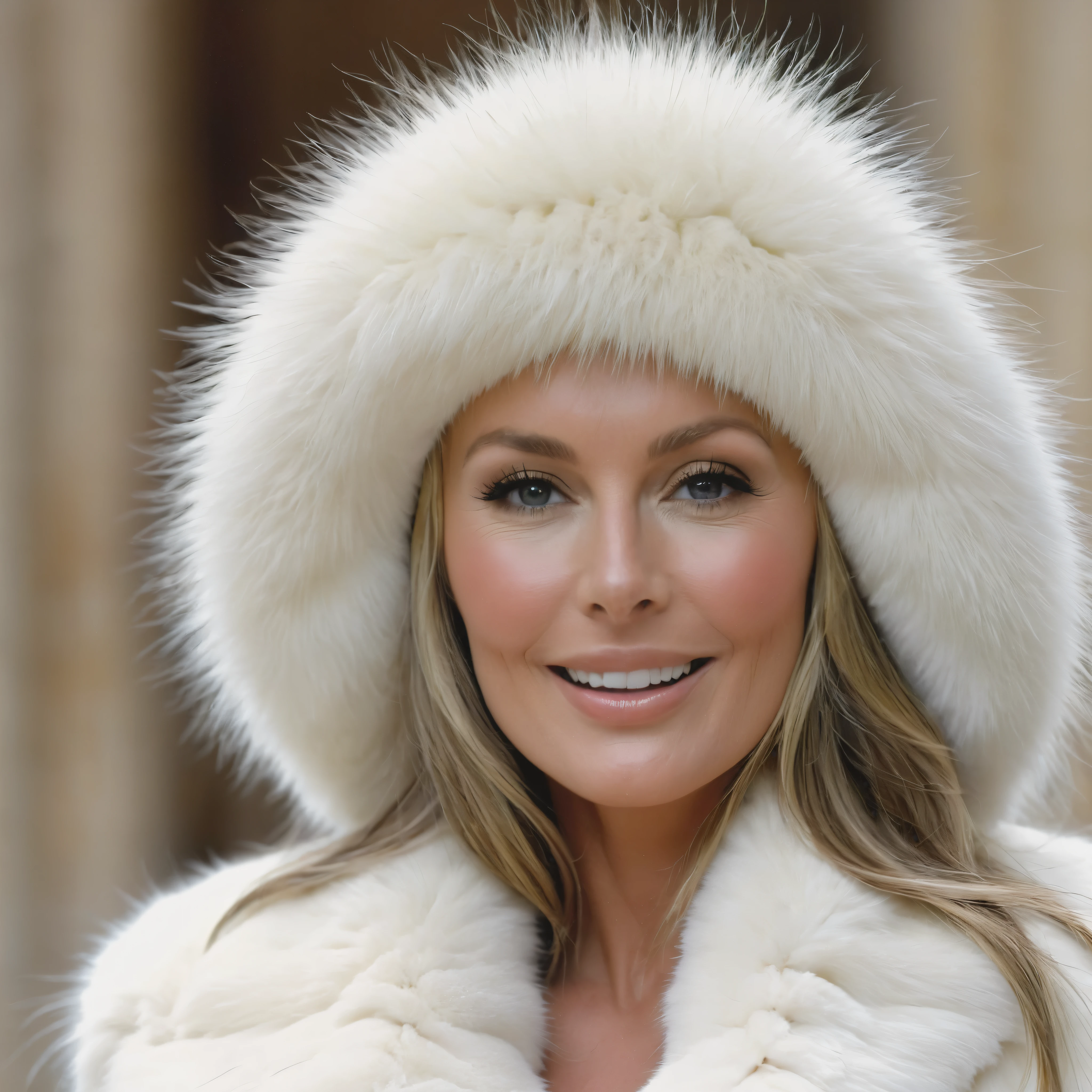Bo Derek dressed in a very big white mink fur coat, descendre le grand escalier d'un palace parisien , completely naked, with very big voluminous breasts, bien visibles, the nipples are pointed and large and the areolas are extremely well shaped , elle est souriante et provocante, she protrudes her tongue between her teeth she is wearing a large white real fur hat