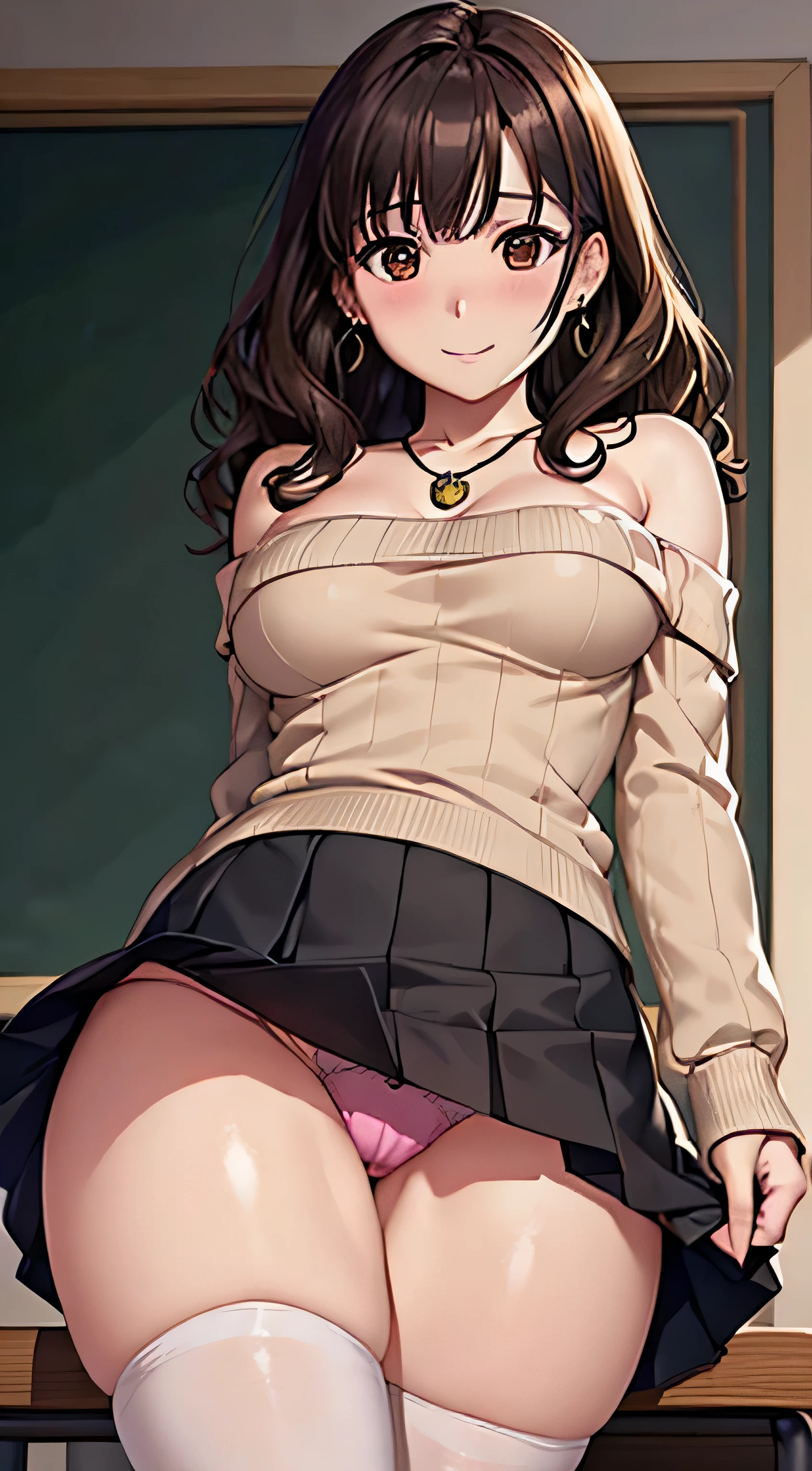 (table top, highest quality, High resolution, , perfect pixel, 4k,), 1 girl, single, alone, Beautiful woman、I could see the whole body、 ((wavy middle hair, bangs, brown hair)), ((brown eyes, beautiful eyelashes, realistic eyes)), ((detailed face, blush:1.2)), ((smooth texture:0.75, realistic texture:0.65, realistic:1.1, Anime CG style)), medium breasts, dynamic angle, perfect body, ((, female teacher, , earrings、necklace、beige off shoulder sweater、long pleated skirt、black knee high stockings、pink lace panties、shy smile、Pull up your skirt to show your panties)), upper grade、、、evening、、Bring your arms together to emphasize your chest、hold the necklace between your chest、(、()、angle from below)、