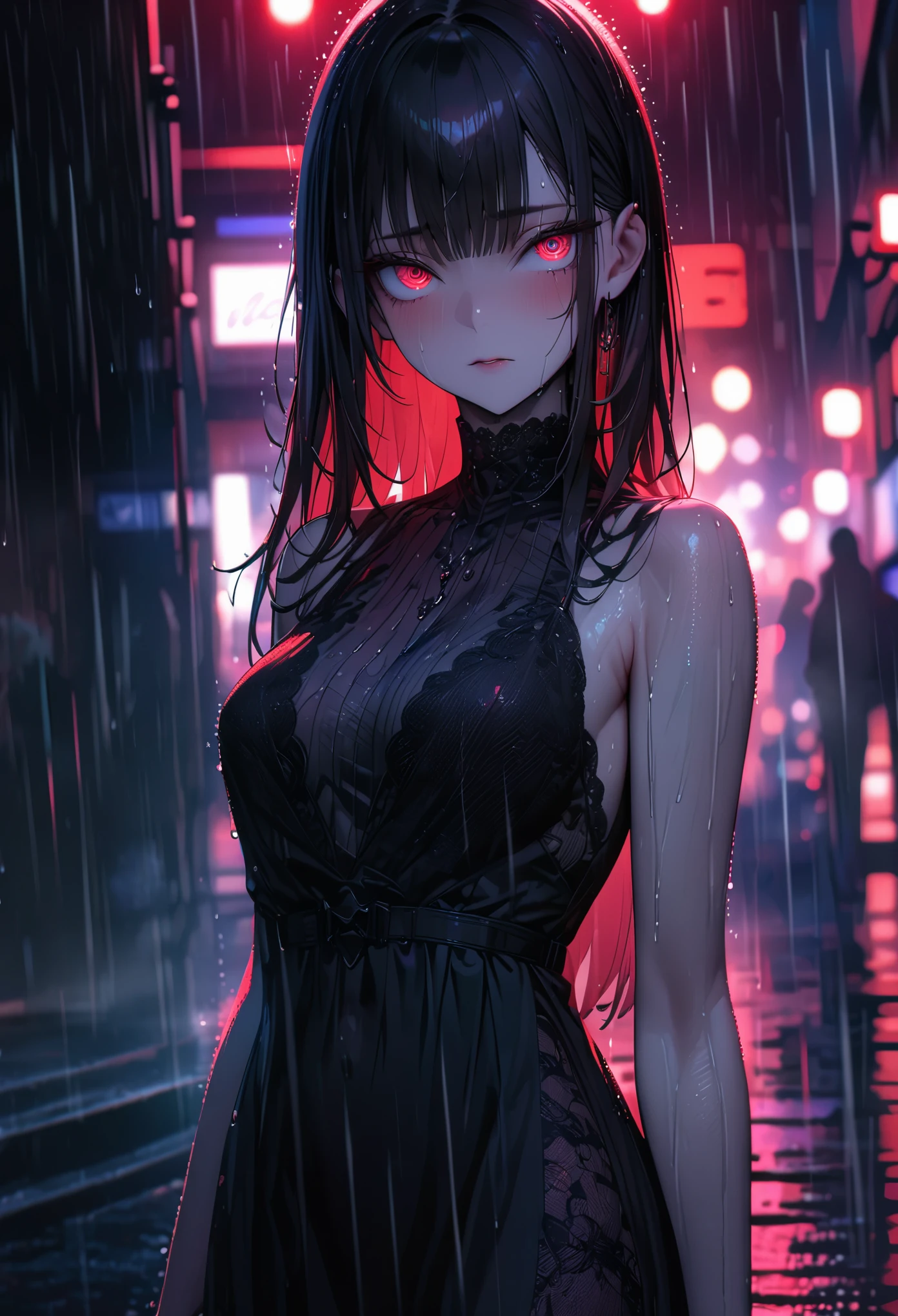 ((Best quality, 8k, lace maxi dress, standing in the rain, red light district, highly detailed face and skin texture, detailed eyes, double eyelids.)