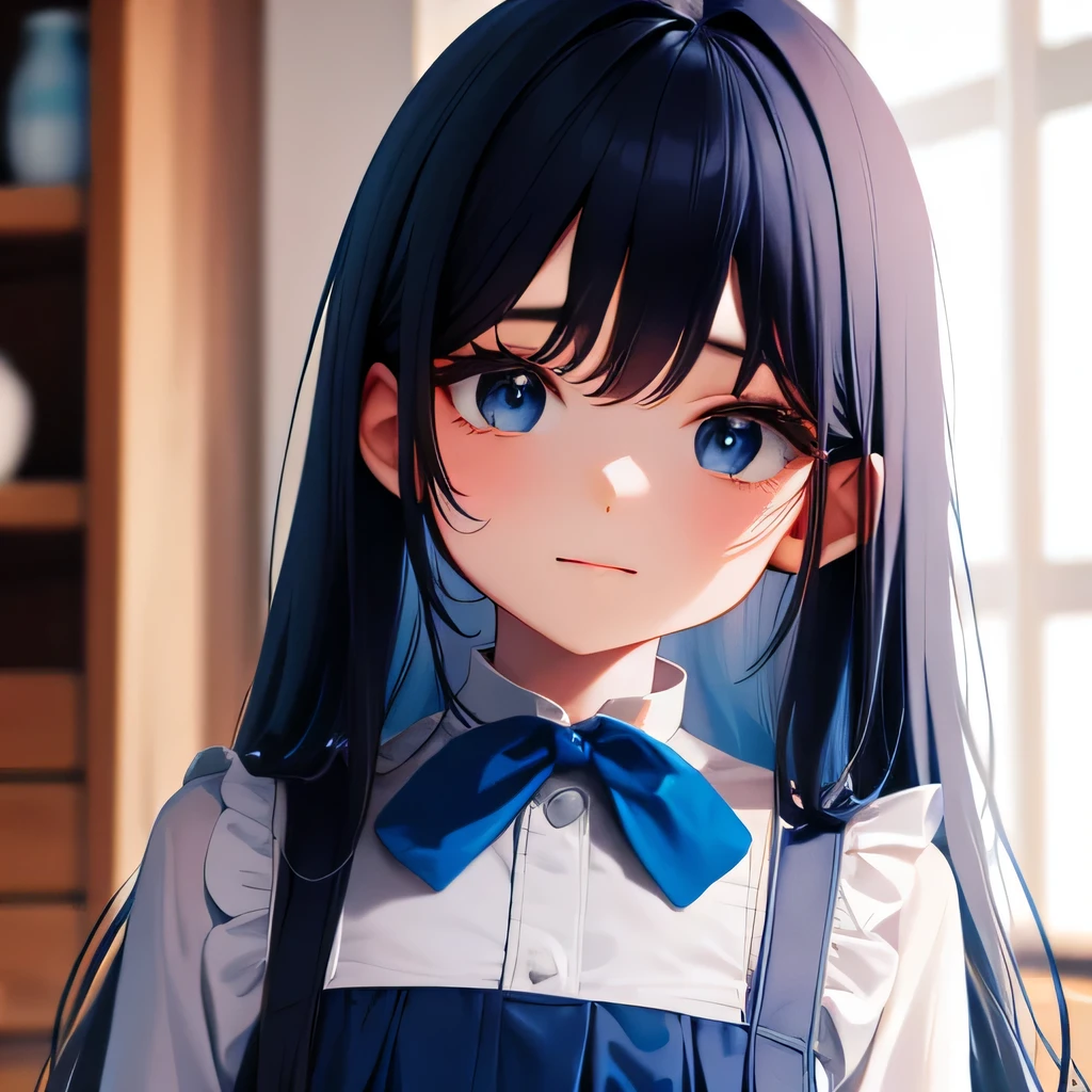 , 5 , cute face, blue dress, long hair, bangs
