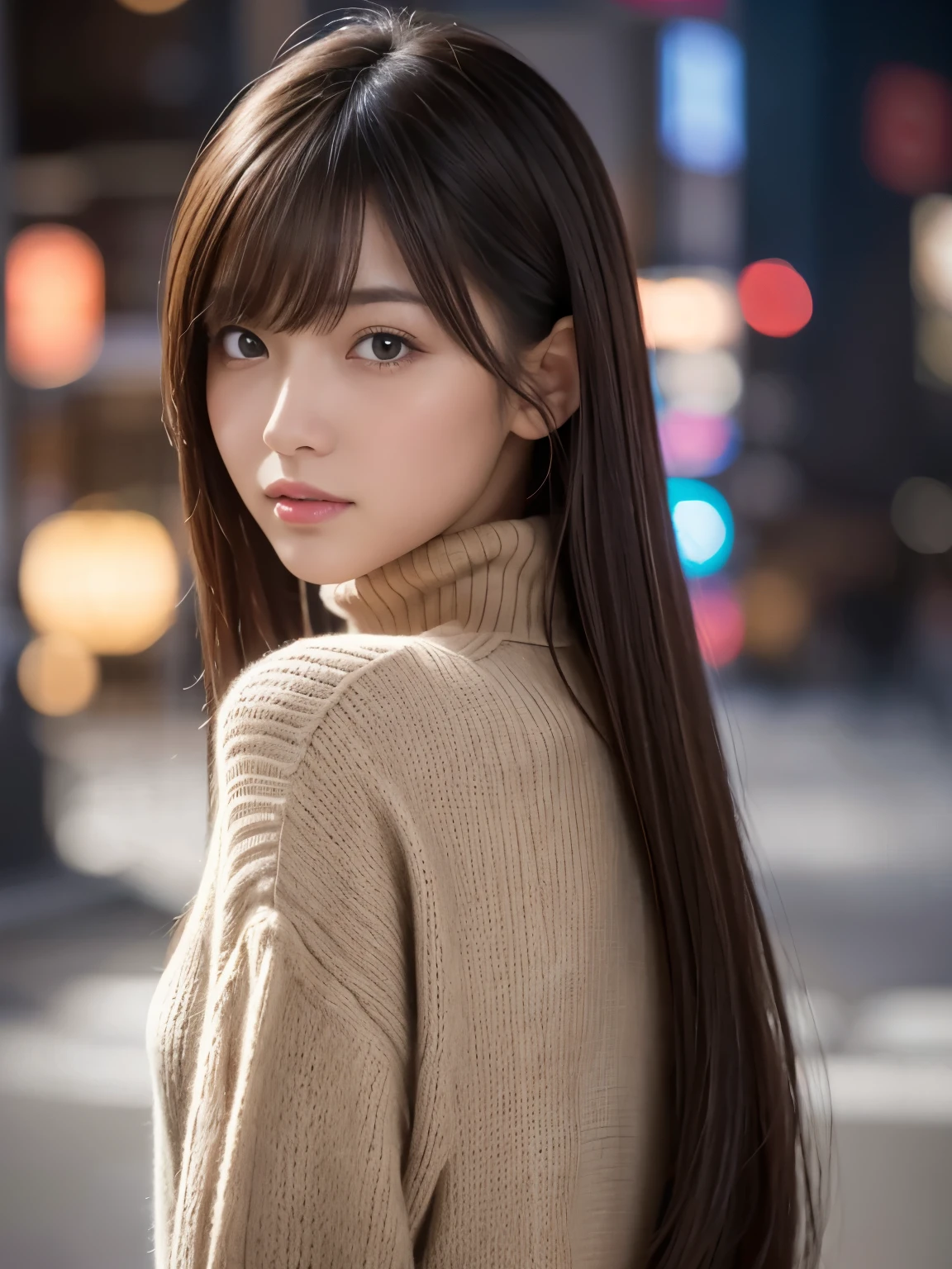 product quality, 1 girl, cowboy shot, Front view, Young pretty girl in Japan, At night, wearing a black turtleneck knit sweater, wearing a miniskirt, super cute face, glossy lips, double eyelids of both eyes, (natural makeup), shiny smooth light brown hair with long hair,, asymmetrical bangs, center image, 8K resolution, high detail, detailed hairstyle, detailed face, cinematic lighting, octane rendering, surreal, perfect limbs, perfect anatomy,