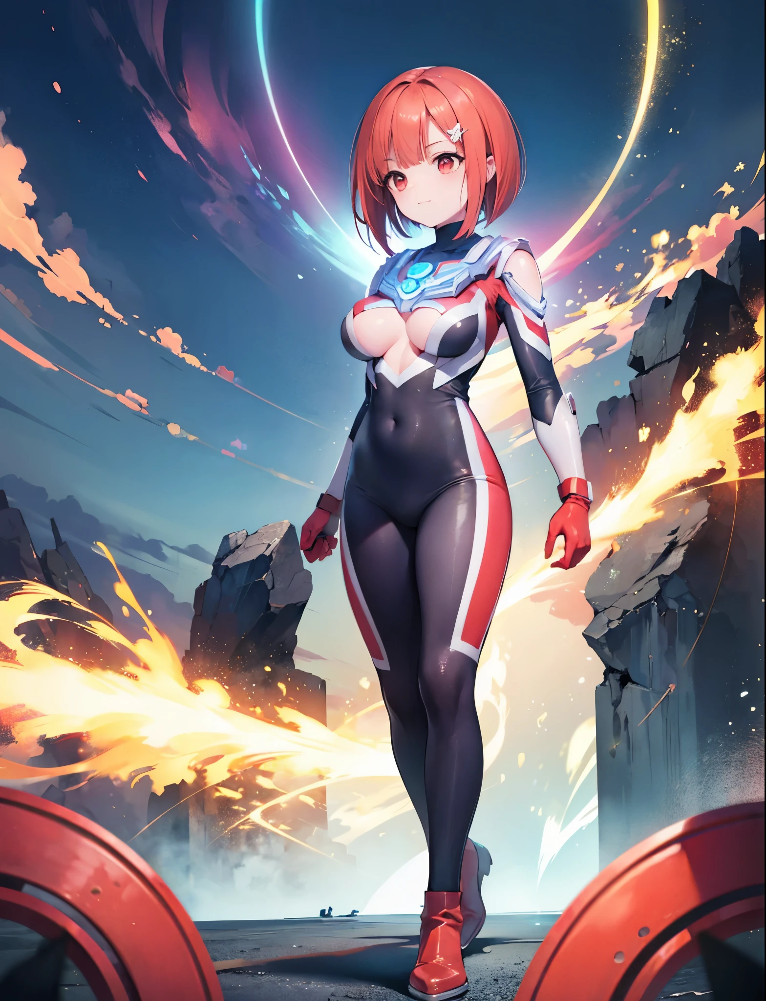 realistic,highest quality, ultra detail, High quality CG drawing, The most delicate and beautiful, Floating gently, High resolution, (1 girl), (Highest image quality,4K,8K,masterpiece:1.2),(red hair:1.5), (short bob:1.5),(wavy hair:1.4),,(red eyes:1.5), (ultra girl:1.0), (red ultraman bodysuit:1.4),(slightly bigger breasts:1.5),Upper body, red gloves,red shoes, Turn your back to your audience:1.3),butt