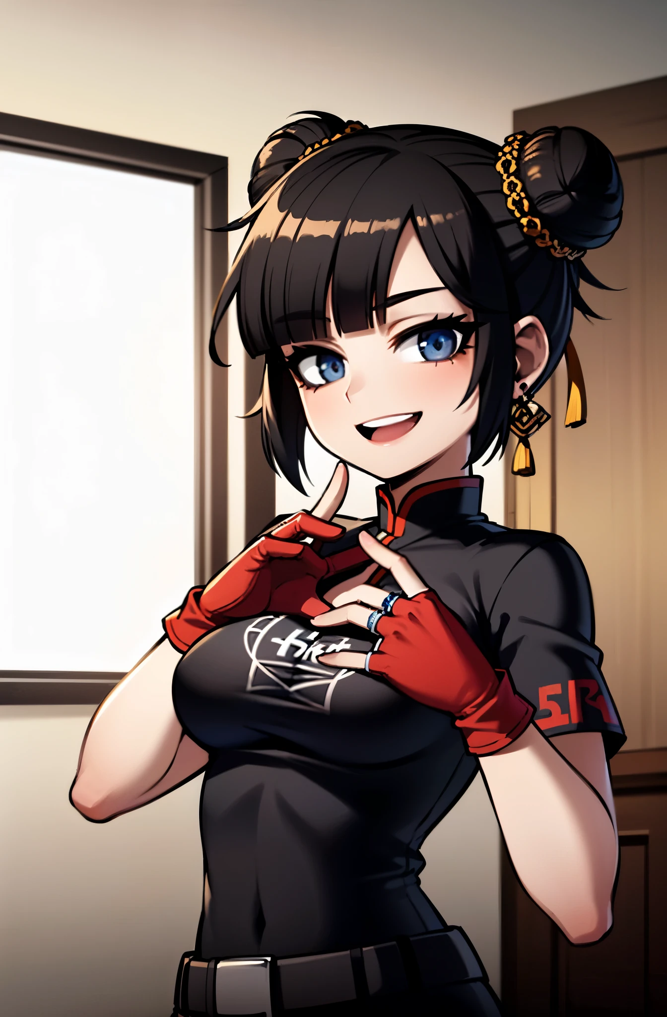 (masterpiece:1.5),(best quality:1.5),(8K:1.2),(ultra detailed:1.2),(realistic:1.2),(ultra high resolution:1.2),(highest detailed and realistic skin:1.2),(highest detailed and beautiful slant eyes:1.3),(in the room:1.6),(standing),(slender body girl:1.2),break,(beautiful red slant eyeliner:1.2),(beautiful eyeshadow),break,natural lip,break,(chinese double round bun black hair:1.4),break,(short sleeve heart print white tee:1.3),break,(black loose cargo pants:1.2),(medium breasts),break,(ring earring),break,(black open finger gloves:1.2),(big smile open mouth:1.2)