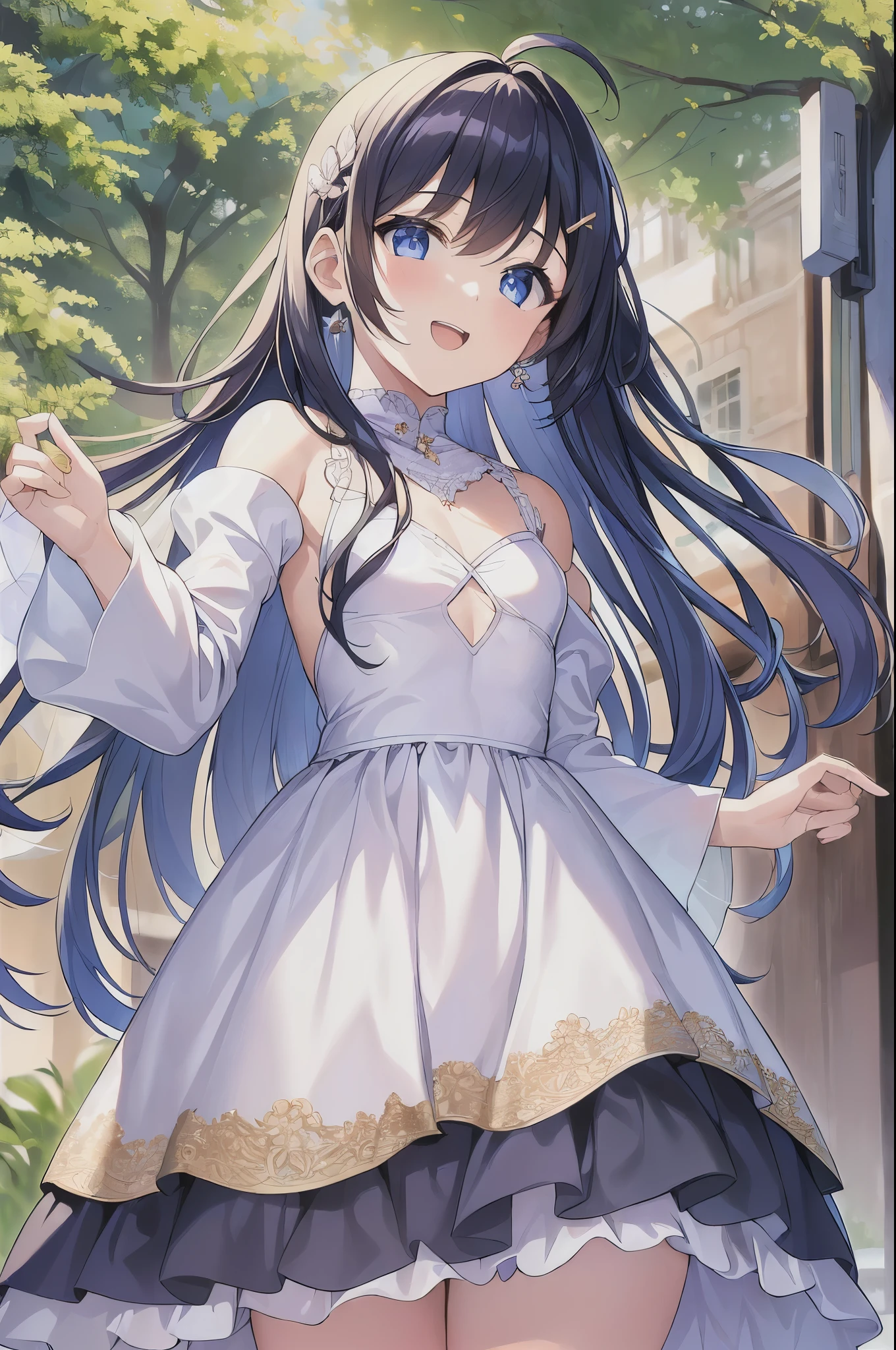 front view, ultra-detailed face, masutepiece, Best Quality, be standing, 1girl in, ((see-through sky blue wedding dress)), twin braids, white gloves, white shoes, full body, blue rose, rose hair ornaments, bare shoulders, bare knees, happy smile, ((skirt lift by)), (((showing panties))), half undress, with open chest, bottomless