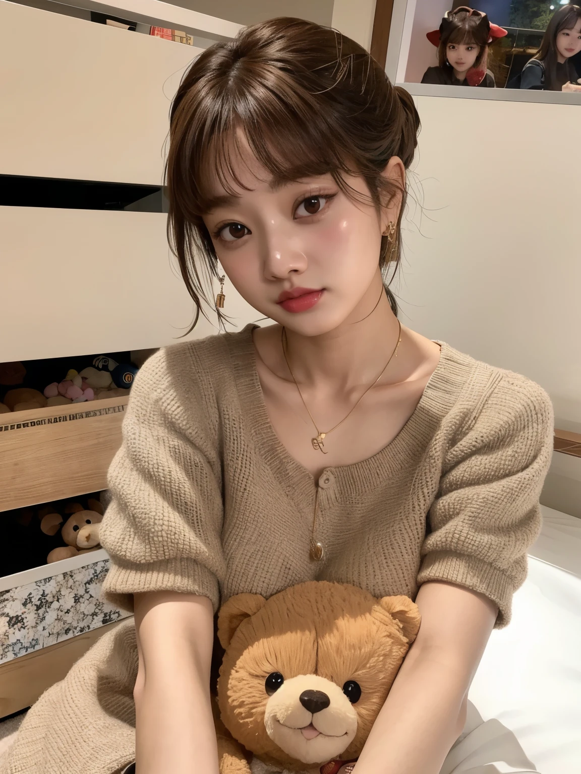 hay una mujer sentada en una cama sosteniendo un osito de peluche, Lalisa Manobal, ulzzang, chiho, heonhwa choe, Yoshitomo Nara, tzuyu de dos veces, con flequillo, Jaeyeon Nam, Lalisa Manoban de Blackpink, wenfei ye, bae suzy, jinyoung shin