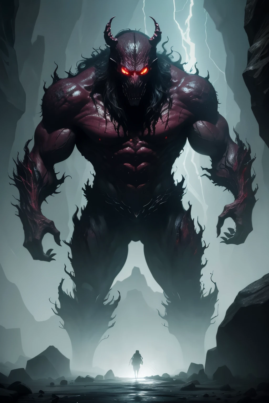 In the darkness of a desolate cave, a fearsome red monster lurks, its veiny and slimy skin reflecting a malevolent aura. The creature's imposing figure casts long, ominous shadows upon the rocky walls, hinting at the terror it instills in the hearts of those who dare cross its path. Its eyes, glowing with an unholy fire, pierce through the blackness, betraying an ancient and insatiable hunger. Beware, for this monstrous entity embodies the epitome of dread and chaos.