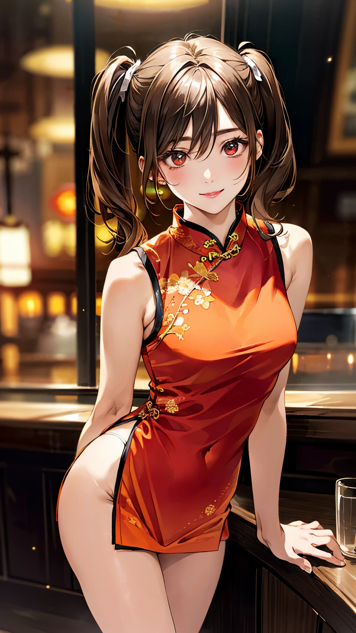 (masterpiece:1.3, top-quality, ultra high res, ultra detailed), (realistic, photorealistic:1.4), beautiful illustration, perfect lighting, natural lighting, colorful, depth of fields, nfsw,
looking at viewer, 1 girl, japanese, , perfect face, (perfect anatomy), cute and symmetrical face, baby face, shiny skin,
(middle hair:1.5, twintails:1.2, light brown hair), hair between eyes, big eyes, red eyes, long eye lasher, (medium breasts, seductive thighs), slender,
beautiful hair, beautiful face, beautiful detailed eyes, beautiful clavicle, beautiful body, beautiful chest, beautiful thigh, beautiful legs, beautiful fingers,
((sleeveless orange micro mini cheongsam, slit at waist)), string panties, high heels,
(beautiful scenery), evening, (bar counter), standing, , (lovely smile, upper eyes),