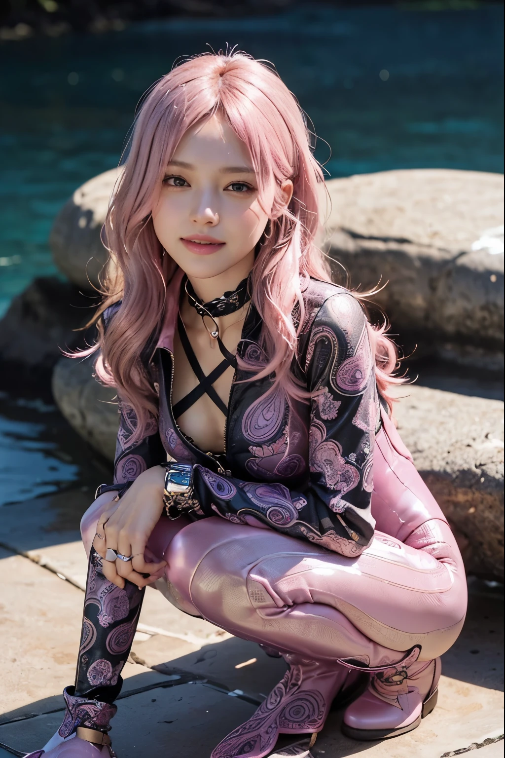 (8K, top-quality, masterpiece:1.2), (realistic, photorealistic:1.37), (super detailed), (one girl), (highly detailed), (beautifully detailed eyes), (of the highest quality), (masterpiece), (detailed face), (20yr old), (pink hair, long hair), (medium breasts), (clothed), (perfect lighting), BREAK, (upper body to knees:1.3), (wavy pink long hair:1.4), (smile:1.2), (bright oasis background:1.2), (even lighting:1.5), (wet:1.3), BREAK, (pink glossy bodysuit:1.5), (black Paisley patterns:1.4), (high-neck:1.3), (slim fit silhouette:1.5), (ankle boots:1.4), (platinum choker and ring set:1.2),