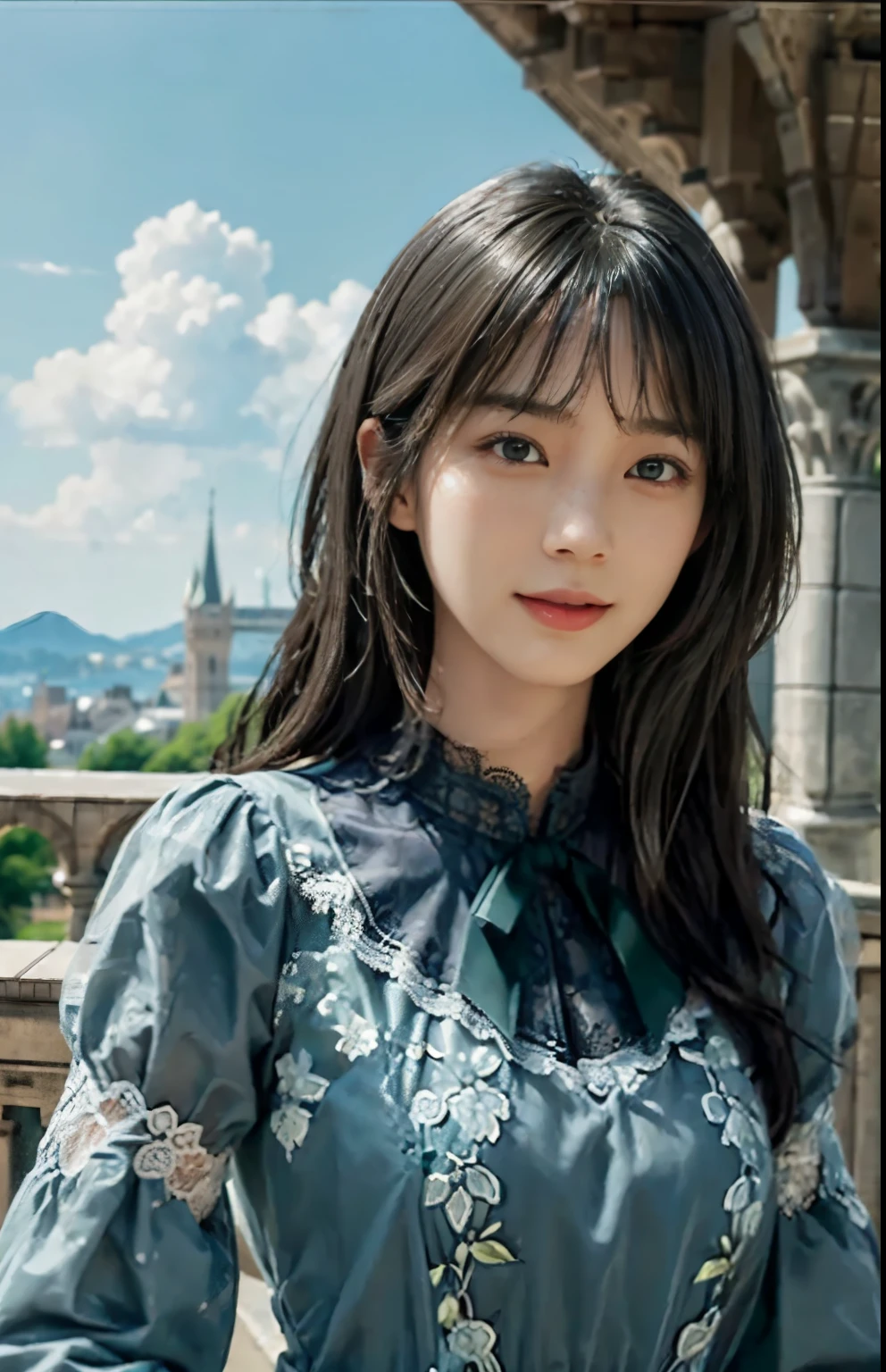 (ultra-realistic realism)、(illustratio)、(A high resolution)、(8K)、(Best Illustration)、(Beautifully detailed eyes)、(top-quality)、(ultra - detailed)、(masterpiece)、(the wallpaper)、(A detailed face)、solo、looking at viewert、A detailed face、pureerosfaceace_V1、A smile、 long hair、46-point diagonal bangs、((Green lace dress))、((Beautiful woman standing on the balcony of the castle))