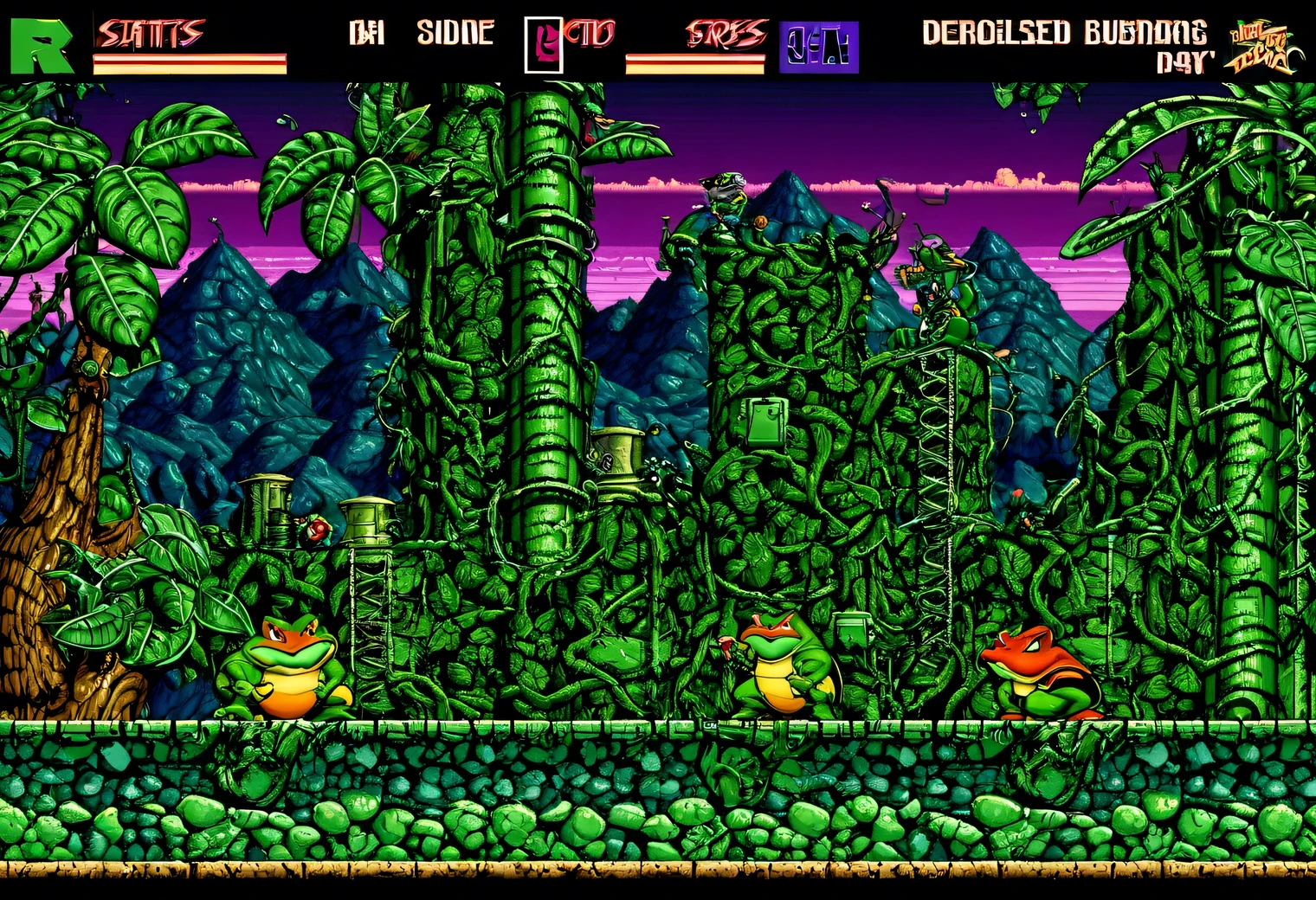 game scene from the retro Battletoads game, 32 bits, 32 bit color palette, Amiga CD32, retro textures, original gameplay, full compliance with the original Battletoads game