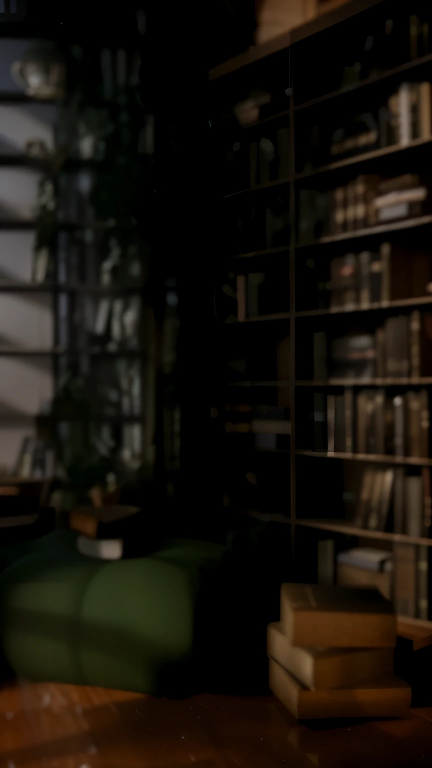 There is a cat sitting on a chair in the room, alchemist library background, library background, tilt shift library background, blurry background of the library, library interior background, gloomy library, dusty library, personal room background, magical library bokeh, in a gloomy library, some background blur, Realistic cinematic rendering, dark library, Detailed architectural visualization renderings, background = library