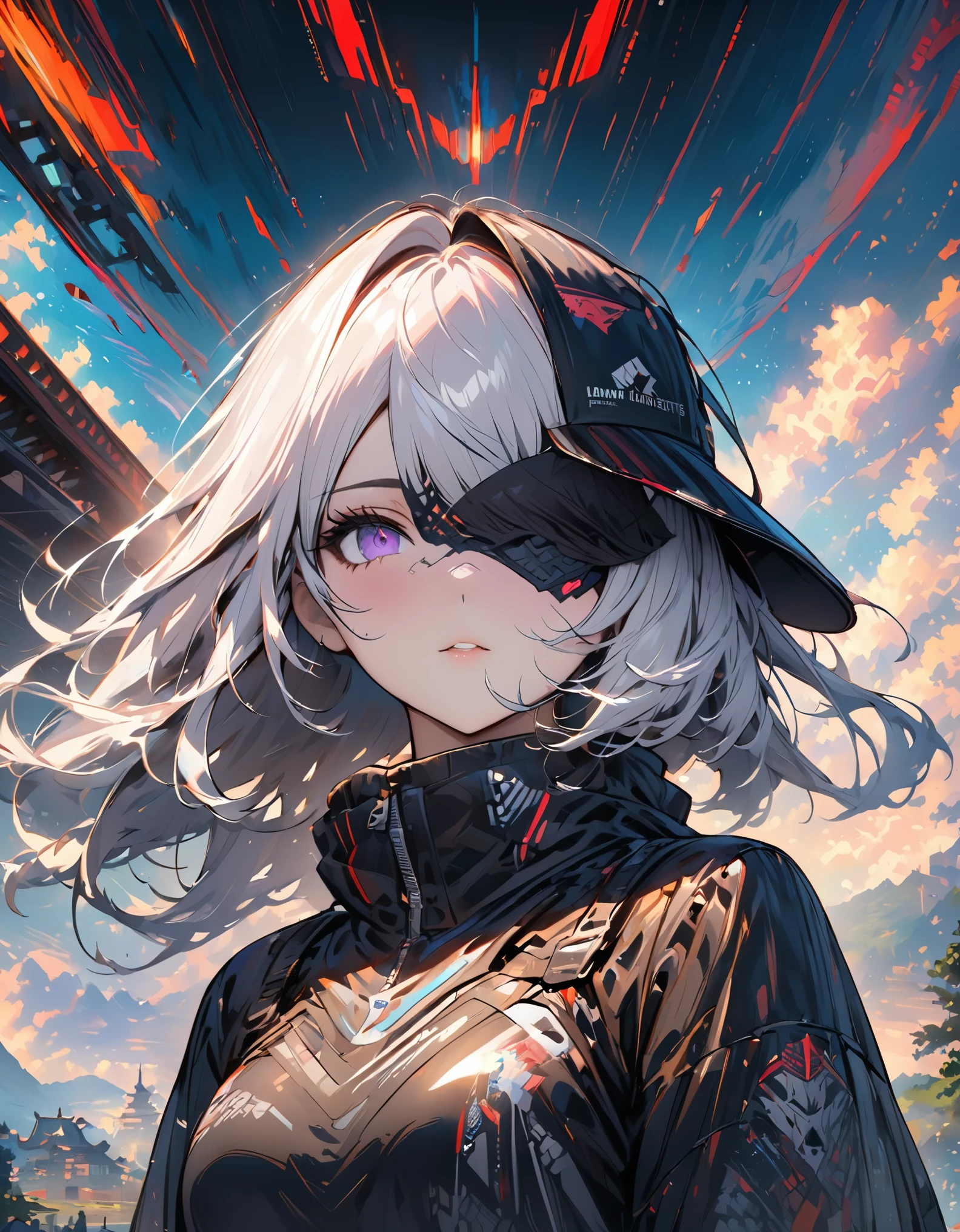 masterpiece, best quality, 4K, ultra high definition, Sansho Castle, , beautiful eyes and delicate face, illustration, Beautiful detailed, high resolution illustration, luminescent_white_particle, 1 girl, white hair, lilac eyes, hair covering one eye, short side details, baseball cap,Poker face, curtain, black jacket, Chest equipment, cyberpunk, technical clothing,(Impressionism:1.4)