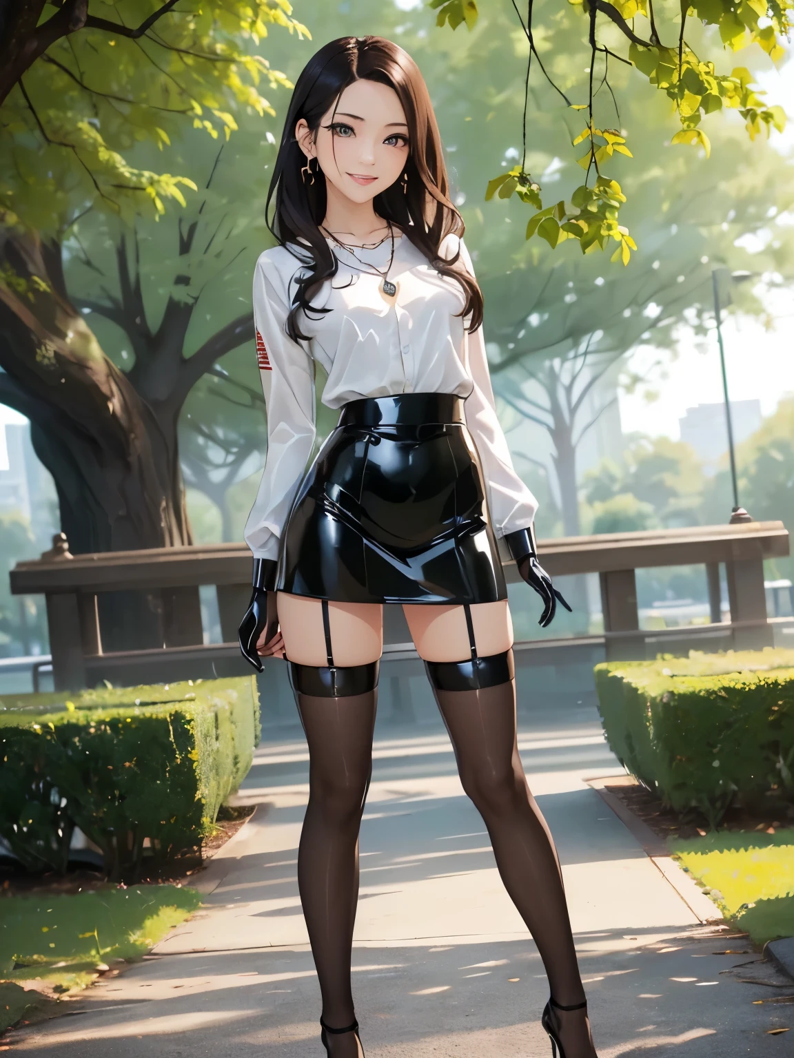 ((Biologically correct number of limbs))、(( Full body photo including face))、4K、((standing position))、masterpiece、((focus on the face))、((Symmetrical facial features))、Eyes of minute description、Beautiful woman、outstanding style、beautiful arms、beautiful legs、beautiful hands、(small ass、thin thighs）、Detailed depiction of faces、small earrings、necklace、(latex uniform、latex skirt、latex stockings、high heels）、close up of face、smile、The background is the park in the morning、