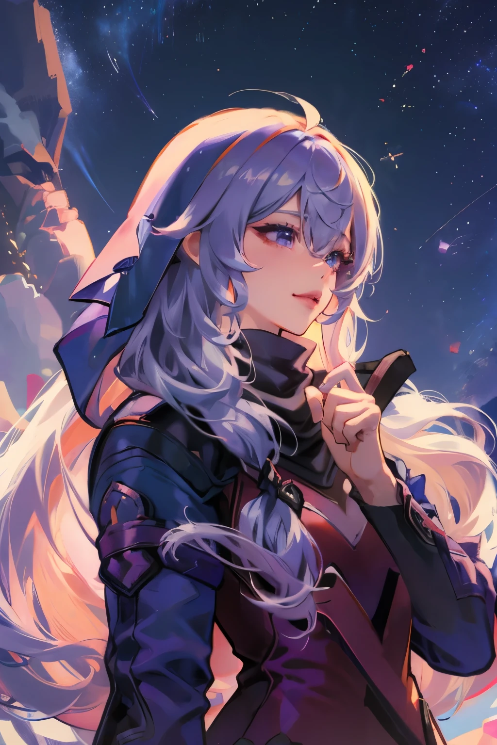 1 girl，ahoge，Bangs，blond，blowing a kiss，blue eyes，蓝色scarf，棕色scarf，，Shut up，eyelash，Face，flowing hair，hair between eyes，Heart，lips，lipstick，long hair，looking at the audience，make up，night sky，nose，close one eye，橙色scarf，粉红色的lips，粉红色的scarf，portrait，purple eyes，realistic，red lips，红scarf，scarf，sign，Smile，solo， space， 说话的Heart， Star（Sky）， starry sky， Upper body， watermark， Yang Xiaolong， 黄scarf
