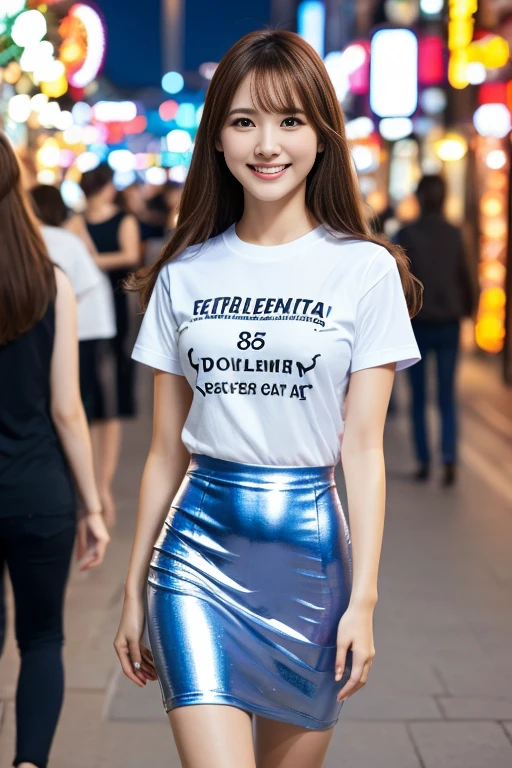 highest quality, Photoreal, finely, High resolution, 8k wallpaper, detailed and beautiful eyes, medium long hair,silver hair、 big breasts,、T-shirt、tight skirt with slit、grin、、25 years old、(Hanging eye 1.3)、adult beauty、young japanese、Big eyes:1.2、double eyelids、eyelashes、sharp outline、tanned skin:1.3、Shiny skin、toned body、slim body:1.2,whole body、long legs、Heel、Walk through the entertainment district at night、