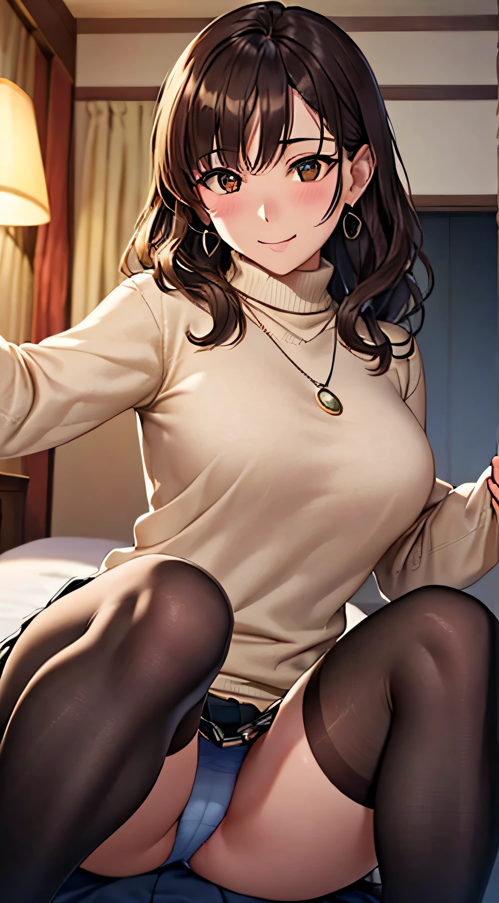 (table top, highest quality, High resolution, , perfect pixel, 4k,), 1 girl, single, alone, Beautiful woman、I could see the whole body、 ((wavy mid-length hair, bangs, brown hair)), ((brown eyes, beautiful eyelashes, realistic eyes)), ((detailed face, blush:1.2)), ((smooth texture:0.75, realistic texture:0.65, realistic:1.1, Anime CG style)), soft chest, dynamic angle, perfect body, ((,, , earrings、necklace、beige turtleneck sweater、dark blue pleated skirt、black knee high stockings、open both legs wide、open both knees、open both arms、shy smile)),、、、、(luxury hotel bed、sleep on your back)、、、(You can see the light blue and white lace panties))、angle from below)、