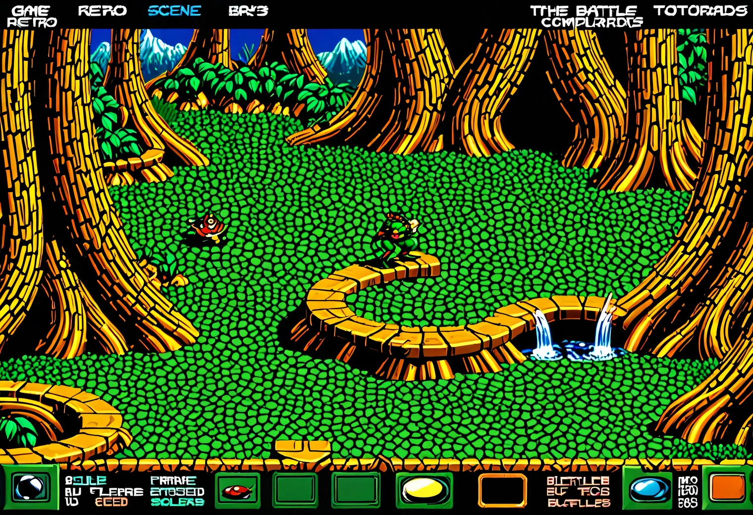 game scene from the retro Battletoads game, 32 bits, 32 bit color palette, Amiga CD32, retro textures, original gameplay, full compliance with the original Battletoads game