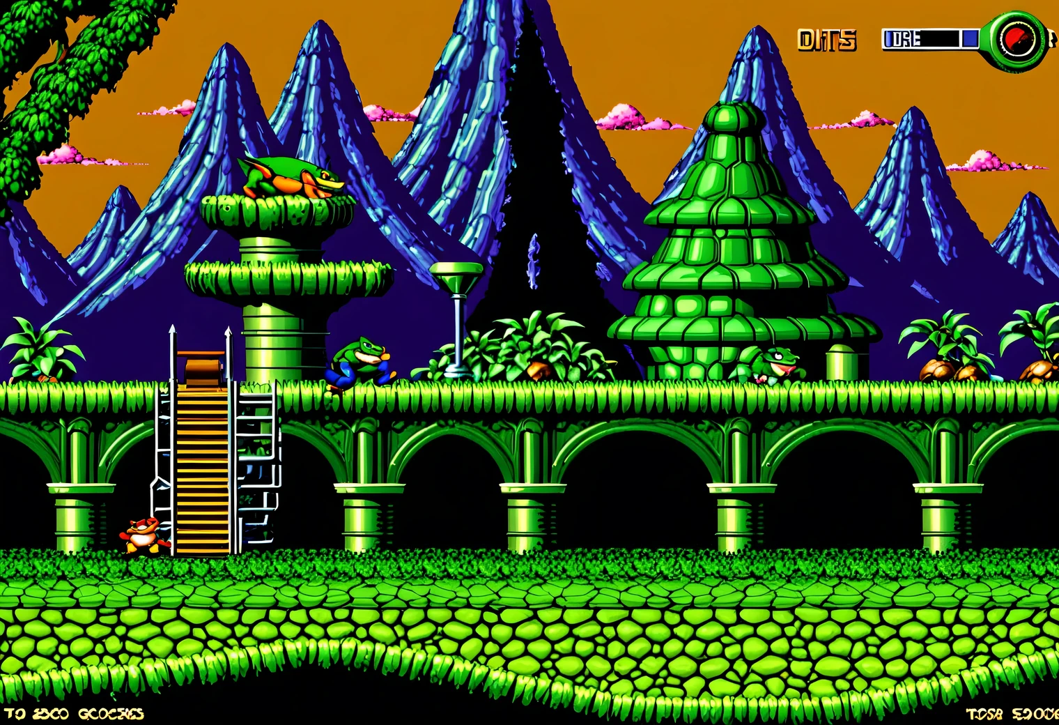 game scene from the retro Battletoads game, 32 bits, 32 bit color palette, Amiga CD32, retro textures, original gameplay, full compliance with the original Battletoads game