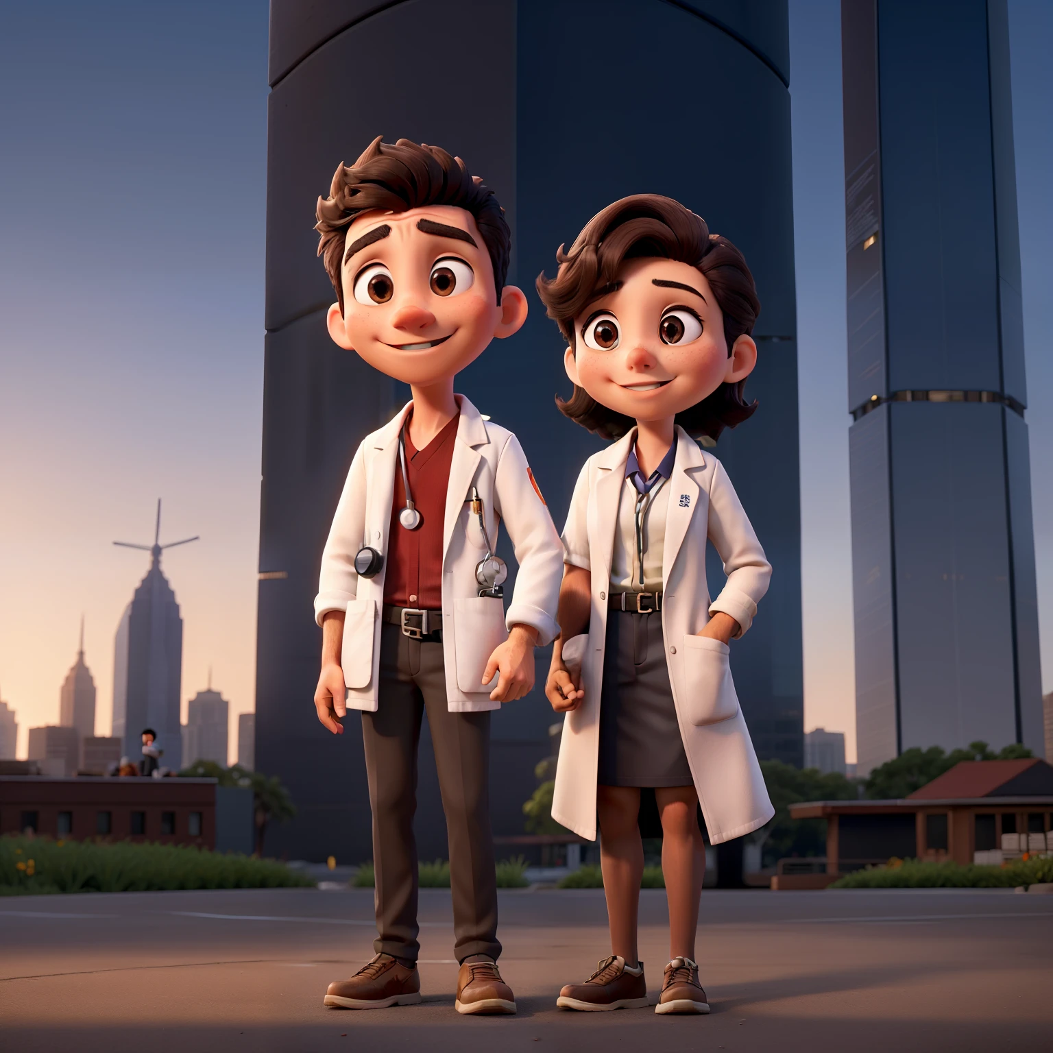 A young electrical engineer, with his dark hair neatly combed and wearing a crisp white lab coat, stands side by side with a young doctor, her stethoscope draped around her neck, both radiating intelligence and passion for their respective fields. Their eyes meet with an undeniable spark, revealing the depth of their love amidst the bustling cityscape. As the sun sets over the horizon, casting a warm glow on their faces, their silhouette against the backdrop of towering skyscrapers captures the essence of their Latin American heritage. Together, they embody the resilience and determination of citizens from across the region, united in their pursuit of knowledge and love.