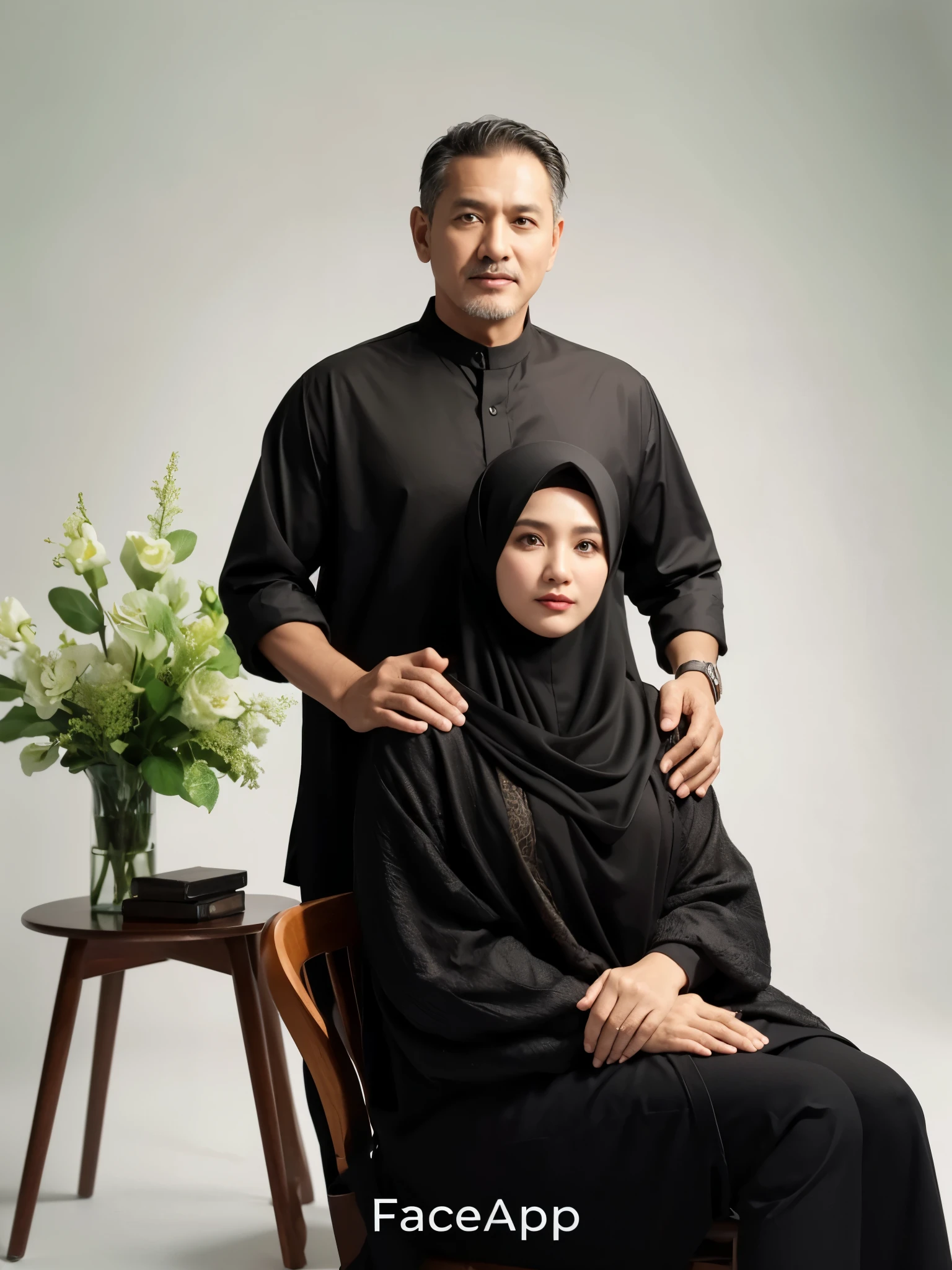 Family photo in Indonesia, two members, one 50-year-old man, very short black hair, wearing a short-sleeved black Muslim shirt, standing pose, embracing a woman sitting on a wooden chair, wearing a black sharia gamis, long hijab, studio photo, white wall background with green flower vase decoration, realistic, ultra HD, 8k.