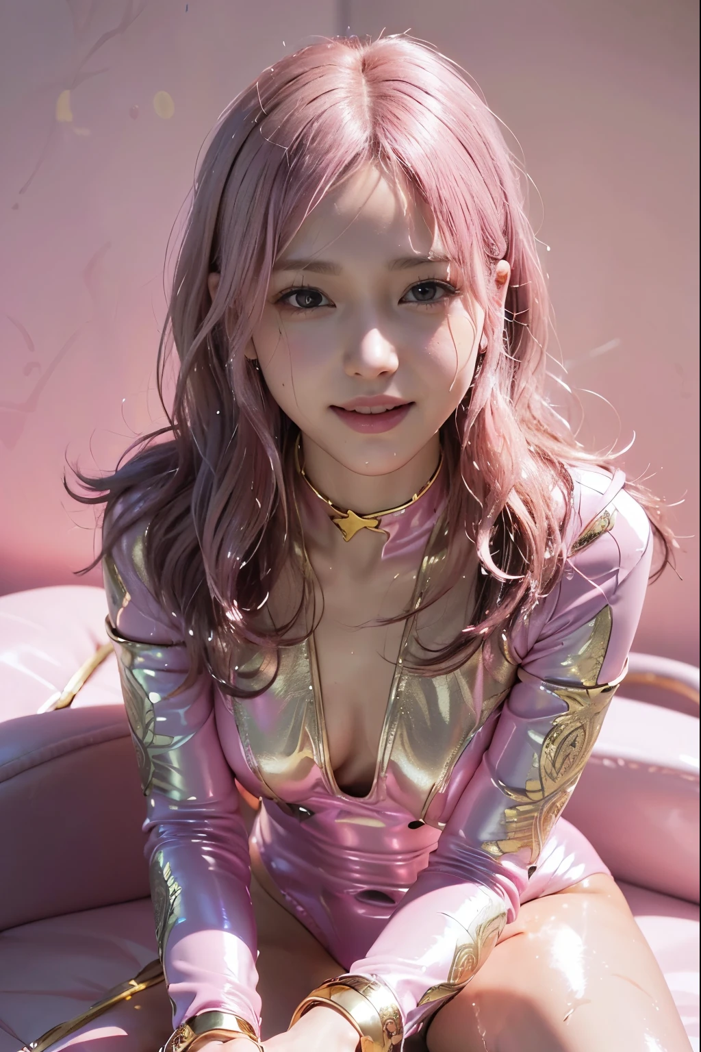 detailed face、detailed facial expressions、detailed hair、detailed arms、detailed legs、detailed hand fingers、Detailed toes、detailed crotch、Viewer&#39;s perspective、one person、beautiful girl、female space fighter pilot、(((１２age)))、bangs、(((light pink metallic hair)))、long hair、light pink metallic suit、beautiful face、Cosmic light、Space Opera、outer space、Straddling the seat and fastening the seatbelt in the narrow space like a coffin inside the cockpit of a space fighter,(((Hold the control levers of the two space fighters on the left and right.)))、