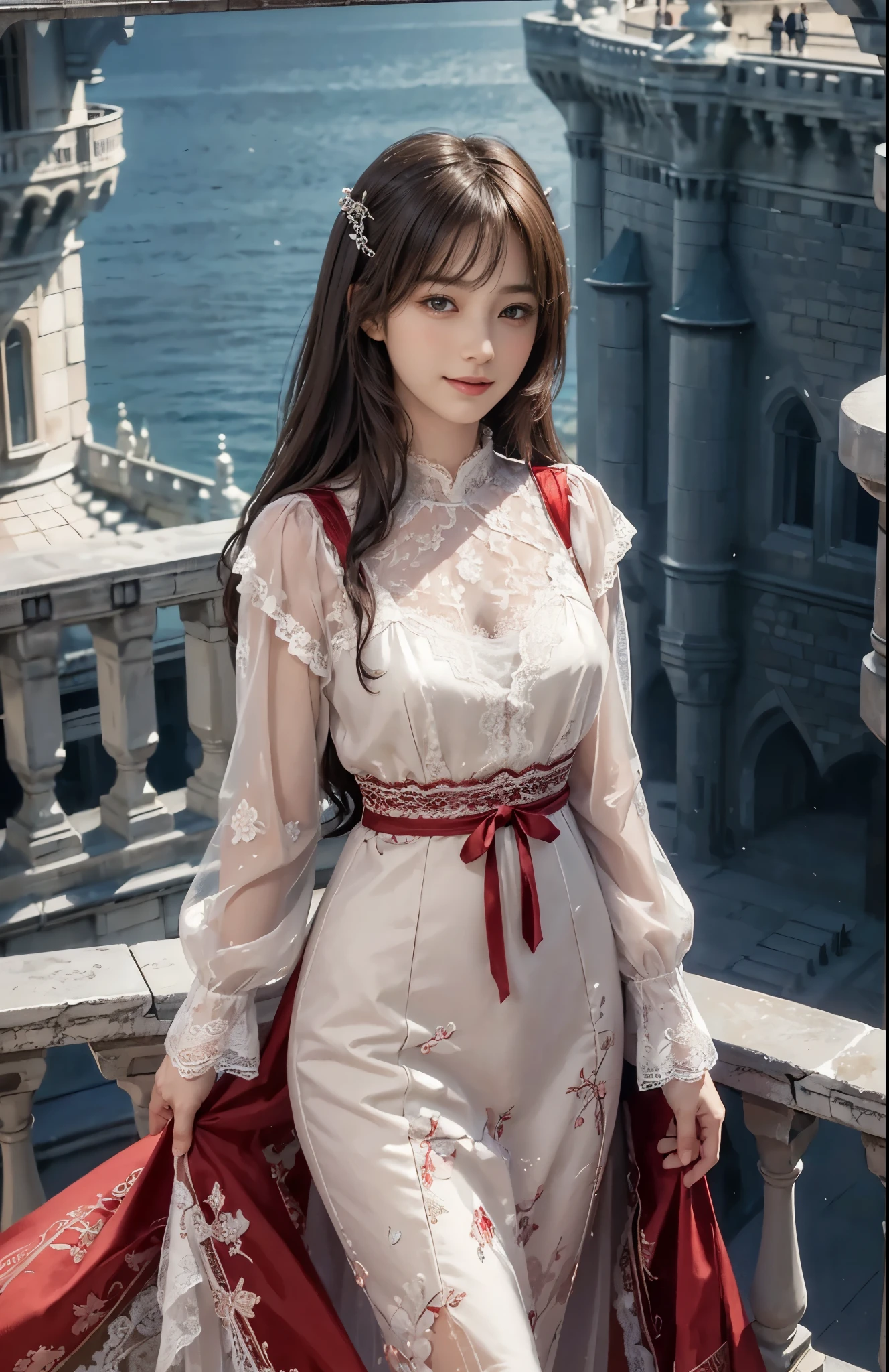 (ultra-realistic realism)、(illustratio)、(A high resolution)、(8K)、(Best Illustration)、(Beautifully detailed eyes)、(top-quality)、(ultra - detailed)、(masterpiece)、(the wallpaper)、(A detailed face)、solo、looking at viewert、A detailed face、pureerosfaceace_V1、A smile、 long hair、46-point diagonal bangs、((Red lace dress))、((Beautiful woman standing on the balcony of the castle))
