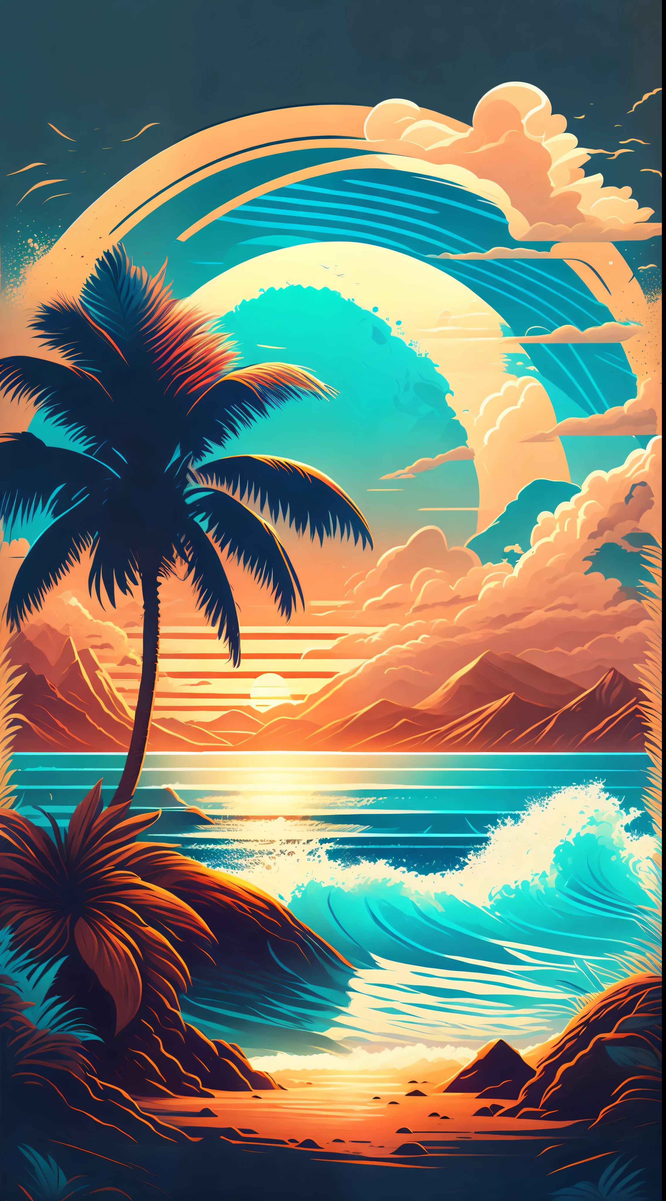 A beach in a summer landscape, T-shirt design, Midjourney, Vector Art, Hydro74