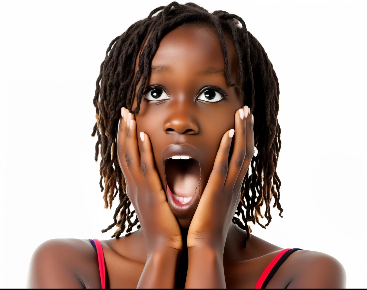 African girl young under 18 years, extremely very dark skin, shocked face
