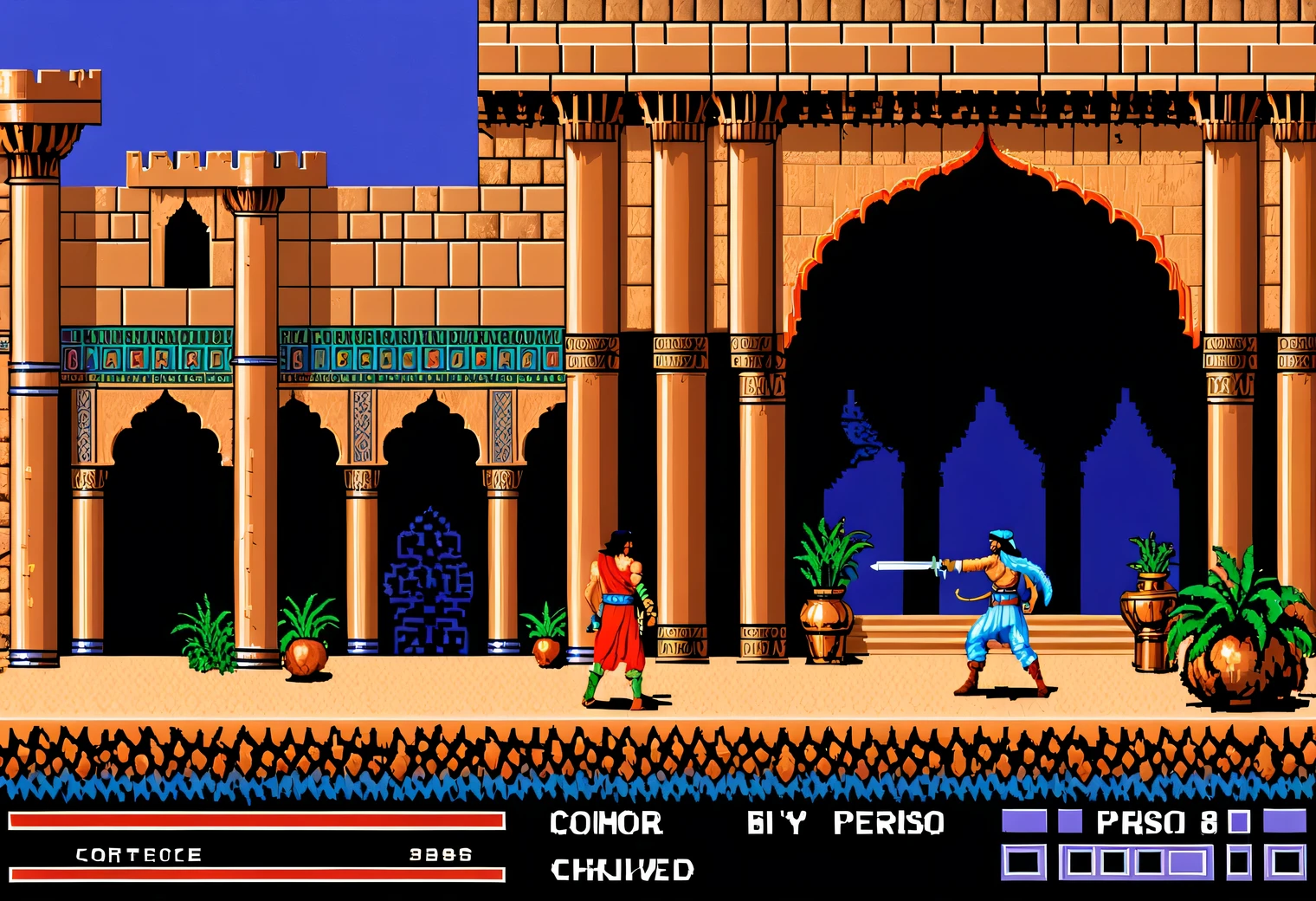 game scene from the retro game Prince of Persia, 8 bits, 8-bit color palette, Nintendo Entertainment System, retro textures, original gameplay, full compliance with the original Prince of Persia game