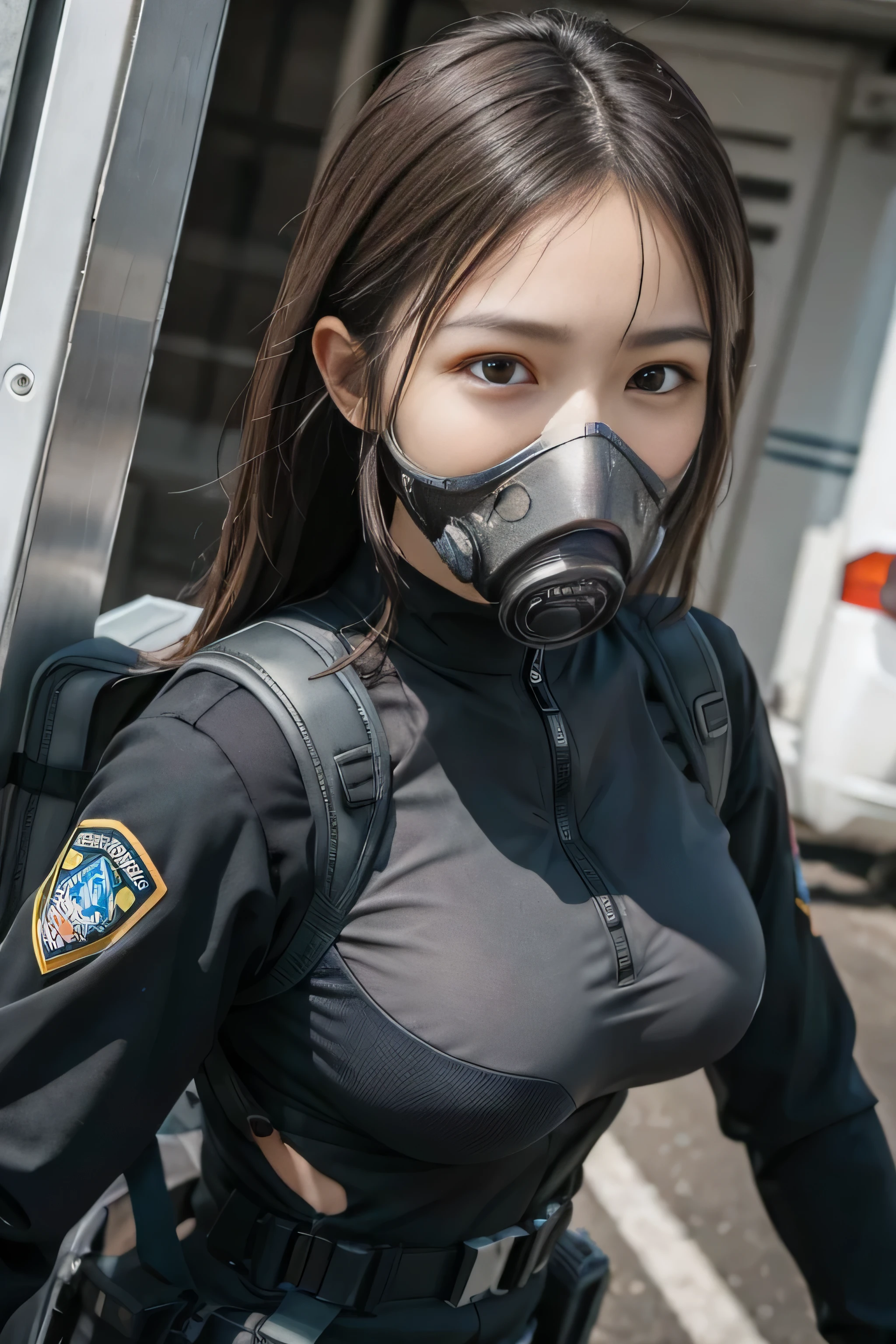 highest quality, excellent detail, super high resolution, (Realism: 1.4), ((close up of breasts:0.75, from the front)), It's photorealistic, A highly condensed woman, whole body, Aiming with a rifle, battle pose, (detailed face), Looking at the camera, (The color of the cloth is black:0.4 white:0.5 other colors:0.1), (Wearing nylon rash guards as police uniforms, gloves, fingers are blocked, black and gray mecha, wearing a futuristic gas mask, military harness, have a machine gun, carry hitchtech backpack), Background Grey Wall,