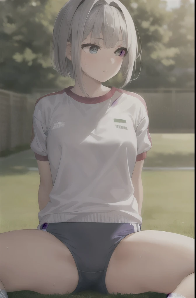 1 girl,alone,Youmu,white shirt,white socks, Gym suit,Dark blue bloomers, sports shoes, sitting, get your knees up,schoolyard,outdoor, blue sky,Sweat, front elevation
break
(masterpiece, highest quality,Super detailed,)