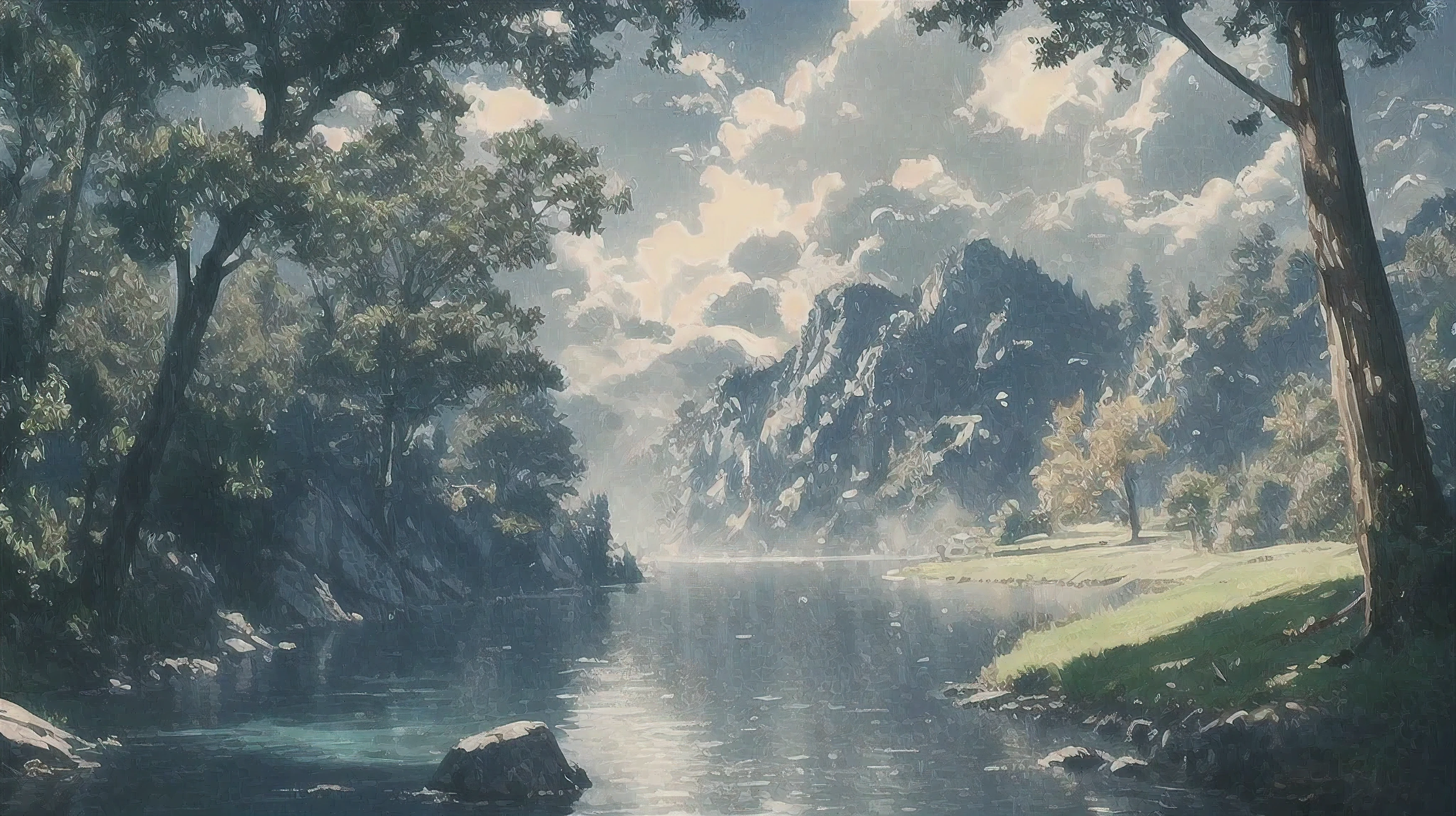 Painting of a bench in the forest by the lake with the sun, anime scenery, beautiful anime scenery, anime scenery, nature of anime, beautiful anime scene, anime scenery wallpaper, detailed scenery, Beautiful peace scene in anime, nature of anime wallpap, detailed scenery —width 672, Ross Tran. scenic background, beautiful render of a landscape, Inspired by Makoto Shinkai