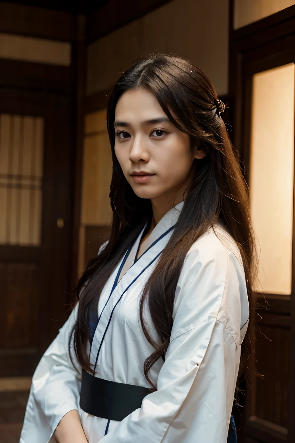 A portrait of man with long hair wearing hanfu