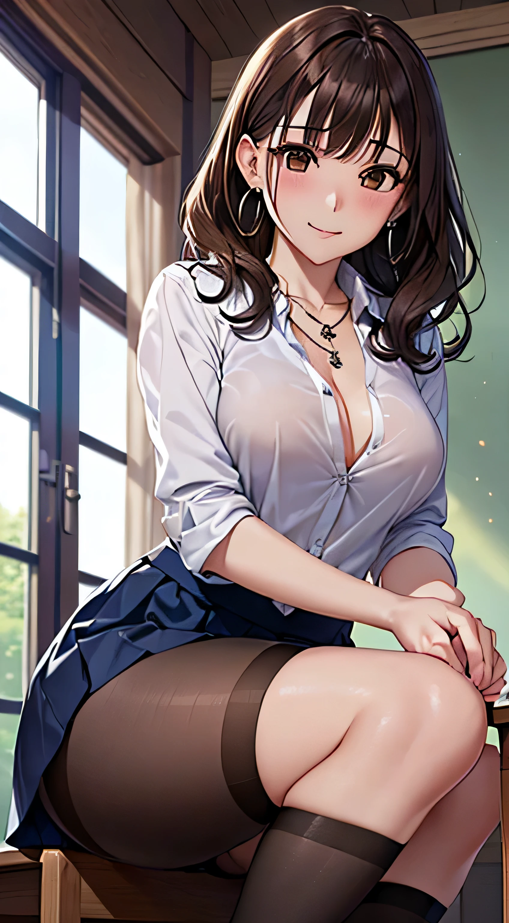 (table top, highest quality, High resolution, , perfect pixel, 4k,), 1 girl, single, alone, Beautiful woman、I could see the whole body、 ((wavy mid hair, bangs, brown hair)), ((brown eyes, beautiful eyelashes, realistic eyes)), ((detailed face, blush:1.2)), ((smooth texture:0.75, realistic texture:0.65, realistic:1.1, Anime CG style)), medium breasts, dynamic angle, perfect body, ((, female teacher, , earrings、necklace、white shirt with collar、Shirts without buttons、Dark blue flared skirt、black knee high stockings、open both legs wide、、shy smile、Sit on the floor、leaning forward)), Upper grade、、、evening、、You can see her light blue and white lace panties and bra..、、(Bring your chest and arms together、Pull up your skirt to show your panties、)、angle from below)、