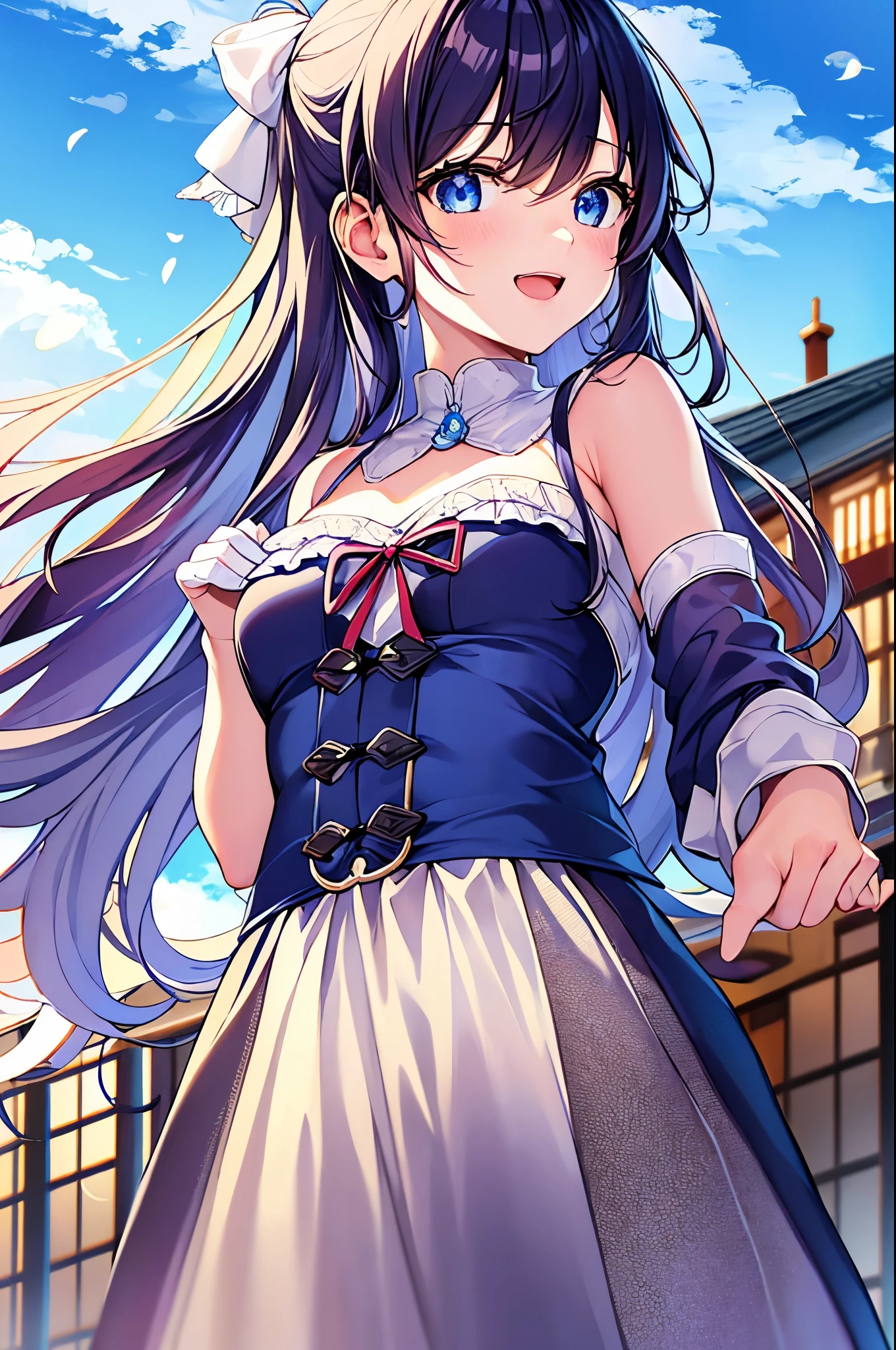 (((masterpiece))), (high quality:1.5), (beautiful:1.5), (((8K))), (High resolution:1.5), (High resolution:1.5), (1 girl:1.3), (child:1.5), (change:1.5), (dark blue straight long hair:1.3), (very long dark blue sideburns), (dark blue bangs with very large parting:1.3), (simple hair clip:1.4), (Ahoge:1.4), (small blue eyes:1.2), (slightly droopy eyes:1.3), (Super thick sideburns and super long sideburns:1.1), (Ultra-flat chest:1.4), (extremely small breasts:1.4), laughter, (pure white wedding dress:1.4), (stand on the roof of a building:1.4), (cowboy shot:1.2)