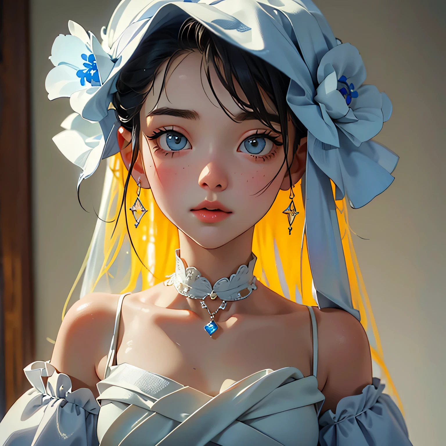 Un chico de cabello largo color amarillo amarrado a una coleta, wearing a white wedding dress with a sweetheart neckline and head veil