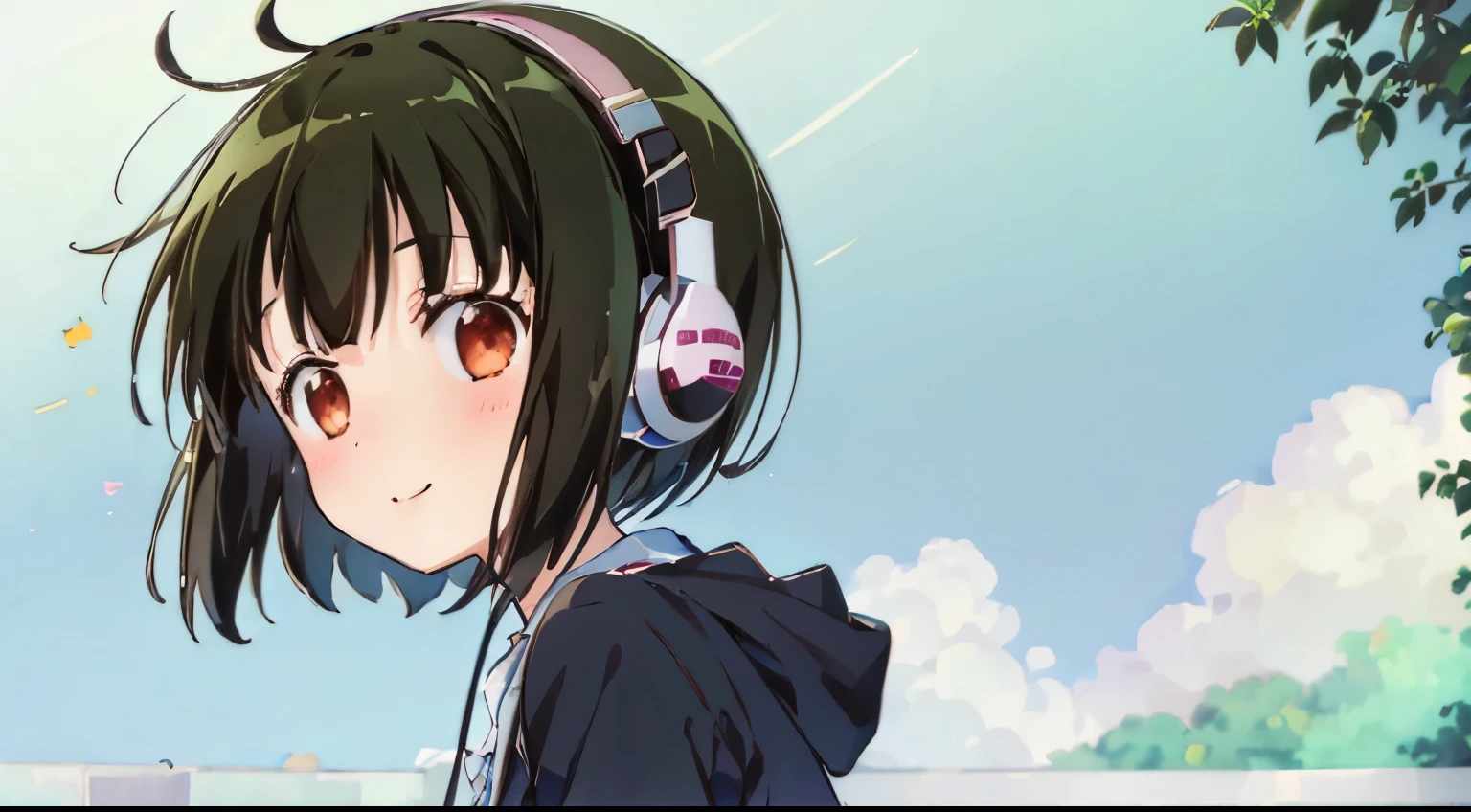 Girl with short hair, wearing headphones, happy, looking at the viewer