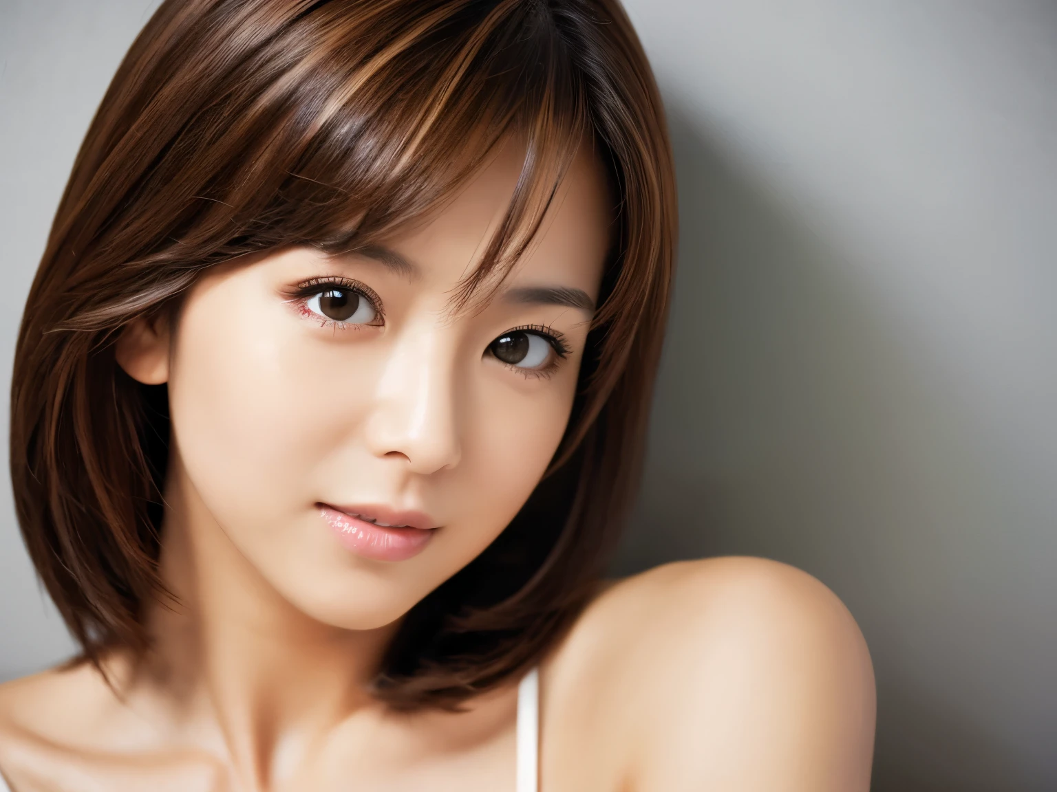 Japanese, Short women,  Physical build, Short arms, Long, narrow eyes, Fleeting atmosphere, 30 years old, Brown Bob Hair, ((Thin lips)), White top and bottom underwear, Masterpiece, Highest quality, Detailed skin, Detailed face, Fine grain, 8K, Excellent anatomy, Upper body portrait