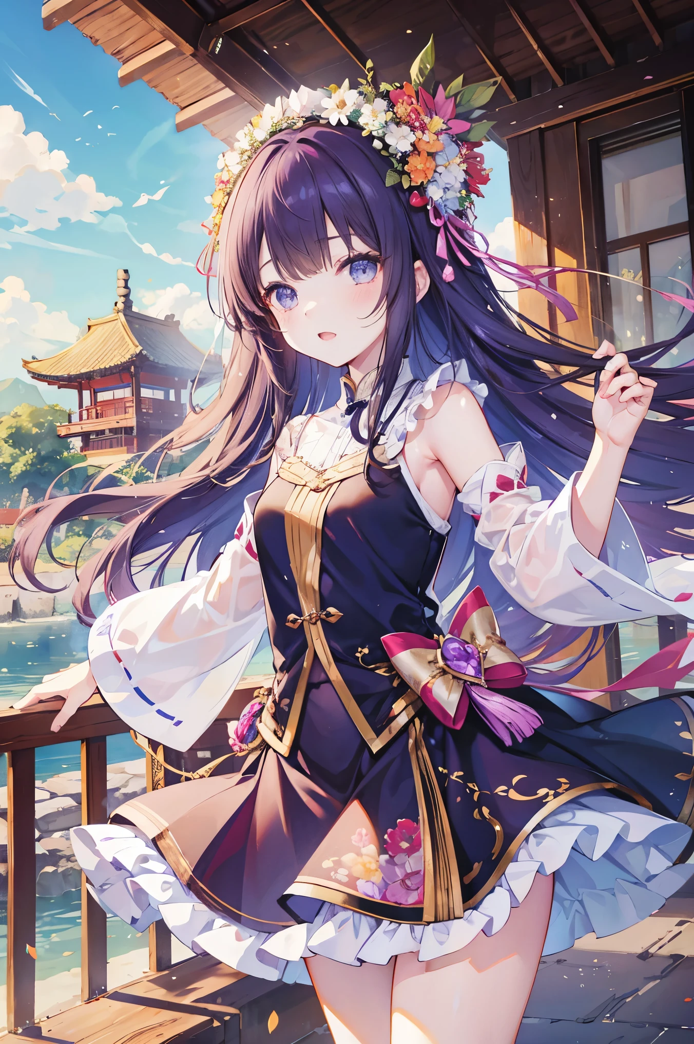 young girls, long brown hair,floral headdress，hair accessories，jewelry，blue eyes, Purple skirt, sleeveless, jump, summer palace，asian architecture，petal，masterpiece, high quality